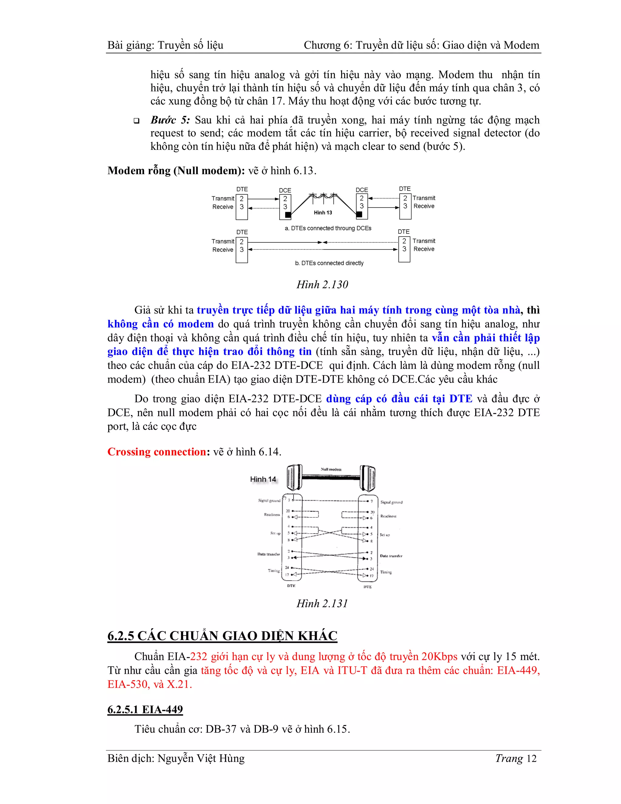 Bài giảng: Truyền số liệu                 Chương 6: Truyền dữ liệu số: Giao diện và Modem

         hiệu số sang tín hiệu analog và gởi tín hiệu này vào mạng. Modem thu nhận tín
         hiệu, chuyển trở lại thành tín hiệu số và chuyển dữ liệu đến máy tính qua chân 3, có
         các xung đồng bộ từ chân 17. Máy thu hoạt động với các bước tương tự.
        Bước 5: Sau khi cả hai phía đã truyền xong, hai máy tính ngừng tác động mạch
         request to send; các modem tắt các tín hiệu carrier, bộ received signal detector (do
         không còn tín hiệu nữa để phát hiện) và mạch clear to send (bước 5).

Modem rỗng (Null modem): vẽ ở hình 6.13.




                                        Hình 2.130

      Giả sử khi ta truyền trực tiếp dữ liệu giữa hai máy tính trong cùng một tòa nhà, thì
không cần có modem do quá trình truyền không cần chuyển đổi sang tín hiệu analog, như
dây điện thoại và không cần quá trình điều chế tín hiệu, tuy nhiên ta vẫn cần phải thiết lập
giao diện để thực hiện trao đổi thông tin (tính sẵn sàng, truyền dữ liệu, nhận dữ liệu, ...)
theo các chuẩn của cáp do EIA-232 DTE-DCE qui định. Cách làm là dùng modem rỗng (null
modem) (theo chuẩn EIA) tạo giao diện DTE-DTE không có DCE.Các yêu cầu khác
       Do trong giao diện EIA-232 DTE-DCE dùng cáp có đầu cái tại DTE và đầu đực ở
DCE, nên null modem phải có hai cọc nối đều là cái nhằm tương thích được EIA-232 DTE
port, là các cọc đực

Crossing connection: vẽ ở hình 6.14.




                                        Hình 2.131

6.2.5 CÁC CHUẨN GIAO DIỆN KHÁC
     Chuẩn EIA-232 giới hạn cự ly và dung lượng ở tốc độ truyền 20Kbps với cự ly 15 mét.
Từ như cầu cần gia tăng tốc độ và cự ly, EIA và ITU-T đã đưa ra thêm các chuẩn: EIA-449,
EIA-530, và X.21.

6.2.5.1 EIA-449
     Tiêu chuẩn cơ: DB-37 và DB-9 vẽ ở hình 6.15.

Biên dịch: Nguyễn Việt Hùng                                                        Trang 12
 
