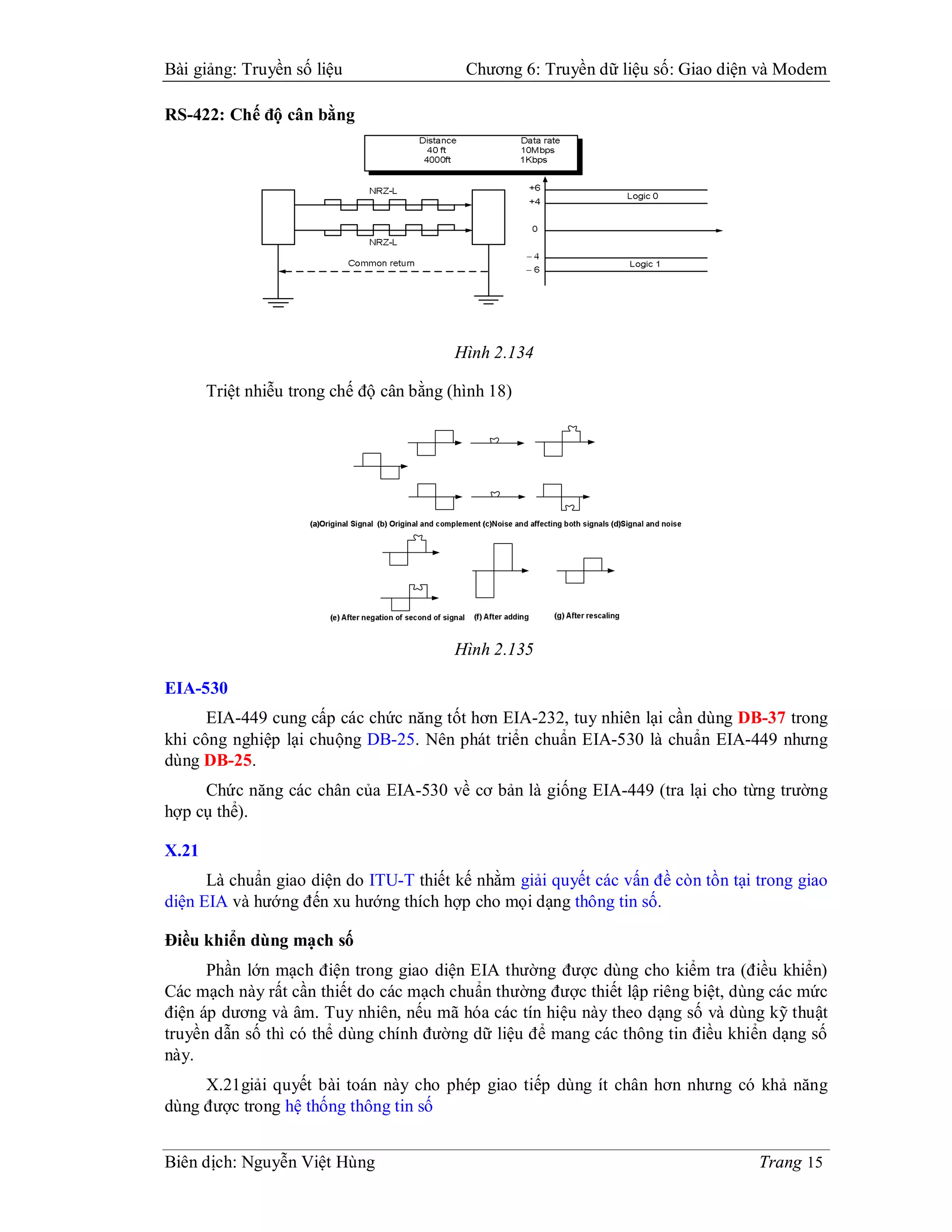 Bài giảng: Truyền số liệu                  Chương 6: Truyền dữ liệu số: Giao diện và Modem

RS-422: Chế độ cân bằng




                                         Hình 2.134

       Triệt nhiễu trong chế độ cân bằng (hình 18)




                                         Hình 2.135

EIA-530
      EIA-449 cung cấp các chức năng tốt hơn EIA-232, tuy nhiên lại cần dùng DB-37 trong
khi công nghiệp lại chuộng DB-25. Nên phát triển chuẩn EIA-530 là chuẩn EIA-449 nhưng
dùng DB-25.
     Chức năng các chân của EIA-530 về cơ bản là giống EIA-449 (tra lại cho từng trường
hợp cụ thể).

X.21
      Là chuẩn giao diện do ITU-T thiết kế nhằm giải quyết các vấn đề còn tồn tại trong giao
diện EIA và hướng đến xu hướng thích hợp cho mọi dạng thông tin số.

Điều khiển dùng mạch số
      Phần lớn mạch điện trong giao diện EIA thường được dùng cho kiểm tra (điều khiển)
Các mạch này rất cần thiết do các mạch chuẩn thường được thiết lập riêng biệt, dùng các mức
điện áp dương và âm. Tuy nhiên, nếu mã hóa các tín hiệu này theo dạng số và dùng kỹ thuật
truyền dẫn số thì có thể dùng chính đường dữ liệu để mang các thông tin điều khiển dạng số
này.
     X.21giải quyết bài toán này cho phép giao tiếp dùng ít chân hơn nhưng có khả năng
dùng được trong hệ thống thông tin số


Biên dịch: Nguyễn Việt Hùng                                                       Trang 15
 