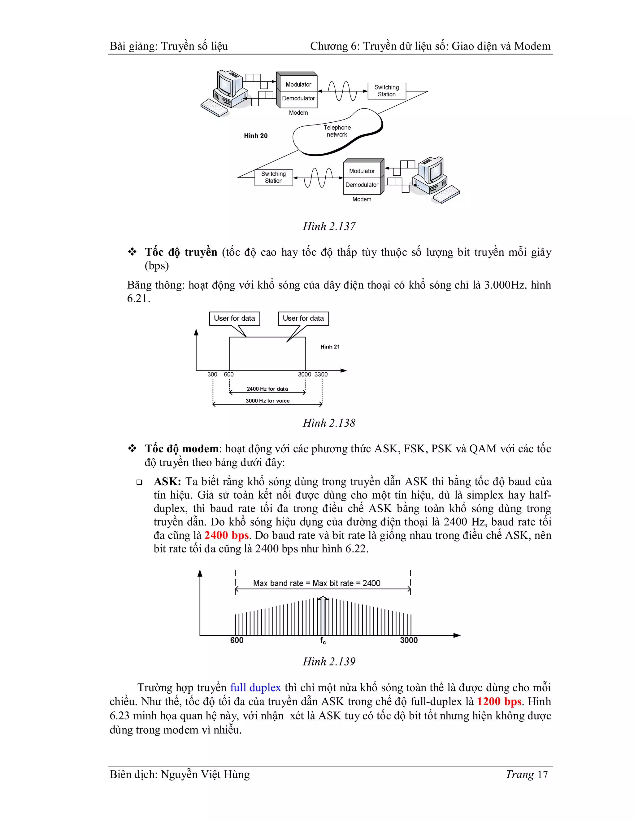 Bài giảng: Truyền số liệu                Chương 6: Truyền dữ liệu số: Giao diện và Modem




                                        Hình 2.137

    Tốc độ truyền (tốc độ cao hay tốc độ thấp tùy thuộc số lượng bit truyền mỗi giây
     (bps)
   Băng thông: hoạt động với khổ sóng của dây điện thoại có khổ sóng chỉ là 3.000Hz, hình
   6.21.




                                        Hình 2.138

    Tốc độ modem: hoạt động với các phương thức ASK, FSK, PSK và QAM với các tốc
     độ truyền theo bảng dưới đây:
        ASK: Ta biết rằng khổ sóng dùng trong truyền dẫn ASK thì bằng tốc độ baud của
         tín hiệu. Giả sử toàn kết nối được dùng cho một tín hiệu, dù là simplex hay half-
         duplex, thì baud rate tối đa trong điều chế ASK bằng toàn khổ sóng dùng trong
         truyền dẫn. Do khổ sóng hiệu dụng của đường điện thoại là 2400 Hz, baud rate tối
         đa cũng là 2400 bps. Do baud rate và bit rate là giống nhau trong điều chế ASK, nên
         bit rate tối đa cũng là 2400 bps như hình 6.22.




                                        Hình 2.139

      Trường hợp truyền full duplex thì chỉ một nửa khổ sóng toàn thể là được dùng cho mỗi
chiều. Như thế, tốc độ tối đa của truyền dẫn ASK trong chế độ full-duplex là 1200 bps. Hình
6.23 minh họa quan hệ này, với nhận xét là ASK tuy có tốc độ bit tốt nhưng hiện không được
dùng trong modem vì nhiễu.


Biên dịch: Nguyễn Việt Hùng                                                       Trang 17
 