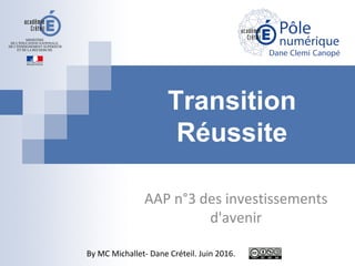 Transition
Réussite
AAP n°3 des investissements
d'avenir
By MC Michallet- Dane Créteil. Juin 2016.
 