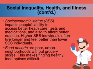 Social Inequality, Health, and Illness
(cont’d.)
•Socioeconomic status (SES)
impacts people’s ability to
access better heath care, tests and
medications, and also to afford better
nutrition. Higher SES individuals often
live longer and feel better than lower
SES individuals.
•Food deserts are poor, urban
neighborhoods without grocery
stores. This makes finding healthy
food options difficult.
 