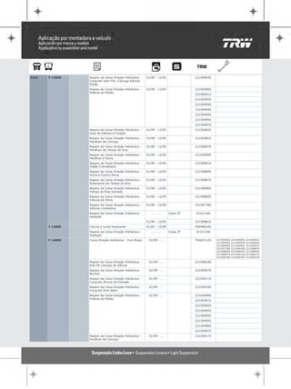Ford   F 12000   Reparo da Caixa Direção Hidráulica -   01/99 - 12/05              22150893S
                 Conjunto Sem Fim, Carcaça Válvula
                 Pistão
                 Reparo da Caixa Direção Hidráulica -   01/99 - 12/05              22150490S
                 Esferas do Pistão
                                                                                   22150491S
                                                                                   22150492S
                                                                                   22150493S
                                                                                   22150494S
                                                                                   22150495S
                                                                                   22150496S
                                                                                   22150497S
                 Reparo da Caixa Direção Hidráulica -   01/99 - 12/05              22150902S
                 Guia de Esferas e Fixação
                 Reparo da Caixa Direção Hidráulica -   01/99 - 12/05              22150481S
                 Parafuso da Carcaça
                 Reparo da Caixa Direção Hidráulica -   01/99 - 12/05              22150897S
                 Parafuso da Tampa do Eixo
                 Reparo da Caixa Direção Hidráulica -   01/99 - 12/05              22150900S
                 Parafuso e Porca
                 Reparo da Caixa Direção Hidráulica -   01/99 - 12/05              22150901S
                 Pistão Cremalheira
                 Reparo da Caixa Direção Hidráulica -   01/99 - 12/05              22150884S
                 Porca e Contra Porca
                 Reparo da Caixa Direção Hidráulica -   01/99 - 12/05              22150887S
                 Rolamento da Tampa do Eixo
                 Reparo da Caixa Direção Hidráulica -   01/99 - 12/05              22150896S
                 Tampa do Eixo Usinada
                 Reparo da Caixa Direção Hidráulica -   01/99 - 12/05              22150883S
                 Válvula de Alívio
                 Reparo da Caixa Direção Hidráulica -   01/99 - 12/05              22150778S
                 Válvula Limitadora
                 Reparo da Caixa Direção Hidráulica -      ... - ...    Caixa ZF   22151166
                 Vedação
                                                        01/99 - 12/05              22150881S
       F 13000   Coluna e Junta Deslizante -            01/81 - 12/85              45648018S
                 Reparo da Caixa Direção Hidráulica -      ... - ...    Caixa ZF   22151166
                 Vedação
       F 14000   Caixa Direção Hidráulica - Com Braço    01/99 - ...               TAS65312S   22150382S   22150490S   22150491S
                                                                                               22150492S   22150493S   22150494S
                                                                                               22150495S   22150496S   22150497S
                                                                                               22150778S   22150818S   22150883S
                                                                                               22150884S   22150903S   22150906S
                                                                                               22150907S   22150911S   22150917S
                                                                                               22150918S   22150919S   22150923S

                 Reparo da Caixa Direção Hidráulica -    01/99 - ...               22150818S
                 Anti-Pó Carcaça da Válvula
                 Reparo da Caixa Direção Hidráulica -    01/99 - ...               22150907S
                 Buchas
                 Reparo da Caixa Direção Hidráulica -    01/99 - ...               22150911S
                 Conjunto Árvore de Entrada
                 Reparo da Caixa Direção Hidráulica -    01/99 - ...               22150918S
                 Conjunto Eixo Setor
                 Reparo da Caixa Direção Hidráulica -    01/99 - ...               22150490S
                 Esferas do Pistão
                                                                                   22150491S
                                                                                   22150492S
                                                                                   22150493S
                                                                                   22150494S
                                                                                   22150495S
                                                                                   22150496S
                                                                                   22150497S
                 Reparo da Caixa Direção Hidráulica -    01/99 - ...               22150917S
                 Parafuso da Carcaça
 