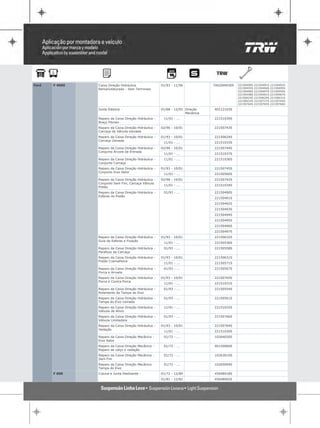 Ford   F 4000   Caixa Direção Hidráulica               01/93 - 11/96            TAS20RM309   22150490S   22150491S   22150492S
                Remanufaturado - Sem Terminais                                               22150493S   22150494S   22150495S
                                                                                             22150496S   22150497S   22150554S
                                                                                             22150558S   22150561S   22150567S
                                                                                             22150624S   22150629S   22150631S
                                                                                             22150632S   22150737S   22150745S
                                                                                             22150764S   22150765S   22150766S

                Junta Elástica -                       01/68 - 12/92 Direção    40112103S
                                                                     Mecânica
                Reparo da Caixa Direção Hidráulica -    11/01 - ...             22151039S
                Braço Pitman
                Reparo da Caixa Direção Hidráulica -   02/96 - 10/01            22150743S
                Carcaça da Válvula Usinada
                Reparo da Caixa Direção Hidráulica -   01/93 - 10/01            22150624S
                Carcaça Usinada
                                                        11/01 - ...             22151033S
                Reparo da Caixa Direção Hidráulica -   02/96 - 10/01            22150744S
                Conjunto Árvore de Entrada
                                                        11/01 - ...             22151037S
                Reparo da Caixa Direção Hidráulica -    11/01 - ...             22151036S
                Conjunto Carcaça
                Reparo da Caixa Direção Hidráulica -   01/93 - 10/01            22150745S
                Conjunto Eixo Setor
                                                        11/01 - ...             22150560S
                Reparo da Caixa Direção Hidráulica -   02/96 - 10/01            22150742S
                Conjunto Sem Fim, Carcaça Válvula
                                                        11/01 - ...             22151034S
                Pistão
                Reparo da Caixa Direção Hidráulica -    01/93 - ...             22150490S
                Esferas do Pistão
                                                                                22150491S
                                                                                22150492S
                                                                                22150493S
                                                                                22150494S
                                                                                22150495S
                                                                                22150496S
                                                                                22150497S
                Reparo da Caixa Direção Hidráulica -   01/93 - 10/01            22150632S
                Guia de Esferas e Fixação
                                                        11/01 - ...             22150536S
                Reparo da Caixa Direção Hidráulica -    01/93 - ...             22150558S
                Parafuso da Carcaça
                Reparo da Caixa Direção Hidráulica -   01/93 - 10/01            22150631S
                Pistão Cremalheira
                                                        11/01 - ...             22150571S
                Reparo da Caixa Direção Hidráulica -    01/93 - ...             22150567S
                Porca e Arruela
                Reparo da Caixa Direção Hidráulica -   01/93 - 10/01            22150765S
                Porca e Contra Porca
                                                        11/01 - ...             22151031S
                Reparo da Caixa Direção Hidráulica -    01/93 - ...             22150554S
                Rolamento da Tampa do Eixo
                Reparo da Caixa Direção Hidráulica -    01/93 - ...             22150561S
                Tampa do Eixo Usinada
                Reparo da Caixa Direção Hidráulica -    11/01 - ...             22151032S
                Válvula de Alívio
                Reparo da Caixa Direção Hidráulica -    01/93 - ...             22150766S
                Válvula Limitadora
                Reparo da Caixa Direção Hidráulica -   01/93 - 10/01            22150764S
                Vedação
                                                        11/01 - ...             22151030S
                Reparo da Caixa Direção Mecânica -      01/72 - ...             10264020S
                Eixo Setor
                Reparo da Caixa Direção Mecânica -      01/72 - ...             40150060S
                Reparo de calço e vedação
                Reparo da Caixa Direção Mecânica -      01/72 - ...             10263010S
                Sem Fim
                Reparo da Caixa Direção Mecânica -      01/72 - ...             10265004S
                Tampa do Eixo
       F 600    Coluna e Junta Deslizante -            01/72 - 12/80            45648018S
                                                       01/81 - 12/82            45648002S
 