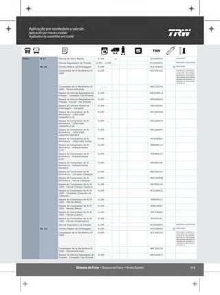 RRVA00365
Volvo   N 12    Válvula de Alívio Rápido            01/80 - ...    "   SCVA00552

                Válvula Reguladora de Pressão      01/80 - 12/88       RCGO00091        RRGO00012 RRGO00020

        NL 10   Cilindro Mestre de Embreagem        01/89 - ...        RCCE00650   30   RRCE00382

                Compressor de Ar Bicilíndrico El    01/89 - ...        RCCS00102        RCCG00032 RPBI00012
                                                                                        RPBL00082 RPCY00062
                1600                                                                    RPVI00161 RRCG00098
                                                                                        RRCG00101 RRCQ00041
                                                                                        RRCQ00068 RRCQ00076
                                                                                        RREB00106 RREB00114
                                                                                        RREB00122 RRJU00062
                                                                                        RRTP00144

                Compressor de Ar Bicilíndrico El      ... - ...        NRCS00220
                1600 - Remanufaturado
                Reparo da Válvula Reguladora de     01/89 - ...        RRGO00012
                Pressão - Completo-Tipo Êmbolo
                Reparo da Válvula Reguladora de     01/89 - ...        RRGO00020
                Pressão - Parcial- Tipo Embolo
                Reparo do Cilindro Mestre de        01/89 - ...        RRCE00382
                Embreagem - Completo
                Reparo do Compressor de Ar          01/89 - ...        RRCQ00068
                Bicilíndrico - 1300/1600
                Casquilho 0,10
                Reparo do Compressor de Ar          01/89 - ...        RRCQ00076
                Bicilíndrico - 1300/1600
                Casquilho 0,20
                Reparo do Compressor de Ar          01/89 - ...        RRCQ00041
                Bicilíndrico - 1300/1600
                Casquilho Standard
                Reparo do Compressor de Ar          01/89 - ...        RRJU00062
                Bicilíndrico - 1300/1600 Juntas
                Reparo do Compressor de Ar          01/89 - ...        RREB00114
                Bicilíndrico - Anéis/Embolos
                0,10"
                Reparo do Compressor de Ar          01/89 - ...        RREB00122
                Bicilíndrico - Anéis/Embolos
                0,20"
                Reparo do Compressor de Ar          01/89 - ...        RREB00106
                Bicilíndrico - Anéis/Embolos
                Standard
                Reparo do Compressor de Ar          01/89 - ...        RRCG00101
                Bicilíndrico - Completo Cabeçote
                Reparo do Compressor de Ar          01/89 - ...        RRCG00098
                Bicilíndrico - Parcial Cabeçote
                Reparo do Compressor de Ar El       01/89 - ...        RRTP00144
                1300 - Parcial (Tampa Traseira)
                Reparo do Compressor de Ar El       01/89 - ...        RCCG00032
                1600 - Completo (Conjunto do
                Cabeçote)
                Reparo do Compressor de Ar El       01/89 - ...        RPBI00012
                1600 - Parcial (Biela)
                Reparo do Compressor de Ar El       01/89 - ...        RPBL00082
                1600 - Parcial (Bloco)
                Reparo do Compressor de Ar El       01/89 - ...        RPCY00062
                1600 - Parcial (Cárter)
                Reparo do Compressor de Ar El       01/89 - ...        RPVI00161
                1600 - Parcial (Virabrequim)
                Válvula Reguladora de Pressão       01/89 - ...        RCGO00091        RRGO00012 RRGO00020

        NL 12   Cilindro Mestre de Embreagem        01/89 - ...        RCCE00650   30   RRCE00382

                Compressor de Ar Bicilíndrico El    01/89 - ...        RCCS00102        RCCG00032 RPBI00012
                                                                                        RPBL00082 RPCY00062
                1600                                                                    RPVI00161 RRCG00098
                                                                                        RRCG00101 RRCQ00041
                                                                                        RRCQ00068 RRCQ00076
                                                                                        RREB00106 RREB00114
                                                                                        RREB00122 RRJU00062
                                                                                        RRTP00144

                Compressor de Ar Bicilíndrico El      ... - ...        NRCS00220
                1600 - Remanufaturado
                Reparo da Válvula Reguladora de     01/89 - ...        RRGO00012
                Pressão - Completo-Tipo Êmbolo




                                                                                                      113
 