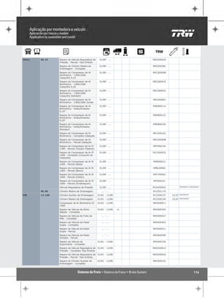 Volvo   NL 12    Reparo da Válvula Reguladora de     01/89 - ...        RRGO00020
                 Pressão - Parcial- Tipo Embolo
                 Reparo do Cilindro Mestre de        01/89 - ...        RRCE00382
                 Embreagem - Completo
                 Reparo do Compressor de Ar          01/89 - ...        RRCQ00068
                 Bicilíndrico - 1300/1600
                 Casquilho 0,10
                 Reparo do Compressor de Ar          01/89 - ...        RRCQ00076
                 Bicilíndrico - 1300/1600
                 Casquilho 0,20
                 Reparo do Compressor de Ar          01/89 - ...        RRCQ00041
                 Bicilíndrico - 1300/1600
                 Casquilho Standard
                 Reparo do Compressor de Ar          01/89 - ...        RRJU00062
                 Bicilíndrico - 1300/1600 Juntas
                 Reparo do Compressor de Ar          01/89 - ...        RREB00114
                 Bicilíndrico - Anéis/Embolos
                 0,10"
                 Reparo do Compressor de Ar          01/89 - ...        RREB00122
                 Bicilíndrico - Anéis/Embolos
                 0,20"
                 Reparo do Compressor de Ar          01/89 - ...        RREB00106
                 Bicilíndrico - Anéis/Embolos
                 Standard
                 Reparo do Compressor de Ar          01/89 - ...        RRCG00101
                 Bicilíndrico - Completo Cabeçote
                 Reparo do Compressor de Ar          01/89 - ...        RRCG00098
                 Bicilíndrico - Parcial Cabeçote
                 Reparo do Compressor de Ar El       01/89 - ...        RRTP00144
                 1300 - Parcial (Tampa Traseira)
                 Reparo do Compressor de Ar El       01/89 - ...        RCCG00032
                 1600 - Completo (Conjunto do
                 Cabeçote)
                 Reparo do Compressor de Ar El       01/89 - ...        RPBI00012
                 1600 - Parcial (Biela)
                 Reparo do Compressor de Ar El       01/89 - ...        RPBL00082
                 1600 - Parcial (Bloco)
                 Reparo do Compressor de Ar El       01/89 - ...        RPCY00062
                 1600 - Parcial (Cárter)
                 Reparo do Compressor de Ar El       01/89 - ...        RPVI00161
                 1600 - Parcial (Virabrequim)
                 Válvula Reguladora de Pressão       01/89 - ...        RCGO00091           RRGO00012 RRGO00020

        NL 95    Cilindro Mestre de Embreagem          ... - ...        RCCE01170
VW      11-130   Cilindro Auxiliar de Embreagem     01/81 - 12/86       RCCE00157   22,22   RRCE00102

                 Cilindro Mestre de Embreagem       01/81 - 12/86       RCCE00149   19,05   RRCE00099

                 Compressor de Ar Bicilíndrico El   01/81 - 12/86       SRGO00011
                 1600
                 Reparo da Válvula de Alívio        01/81 - 12/86   "   RRVA00365
                 Rápido - Completo
                 Reparo da Válvula de Freio de         ... - ...        RRVA00527
                 Mão - Completo
                 Reparo da Válvula de Pedal            ... - ...        RRVA00403
                 Dupla - Completo
                 Reparo da Válvula de Pedal            ... - ...        RRVA00411
                 Dupla - Parcial
                 Reparo da Válvula de Pedal            ... - ...        RRVA00500
                 Simples - Parcial
                 Reparo da Válvula de               01/81 - 12/86       RRVA00330
                 Suprimento - Completo
                 Reparo da Válvula Reguladora de 01/81 - 12/86          RRGO00012
                 Pressão - Completo-Tipo Êmbolo
                 Reparo da Válvula Reguladora de 01/81 - 12/86          RRGO00020
                 Pressão - Parcial- Tipo Embolo
                 Reparo do Cilindro Auxiliar de     01/81 - 12/86       RRCE00102
                 Embreagem - Completo



                                                                                                         114
 
