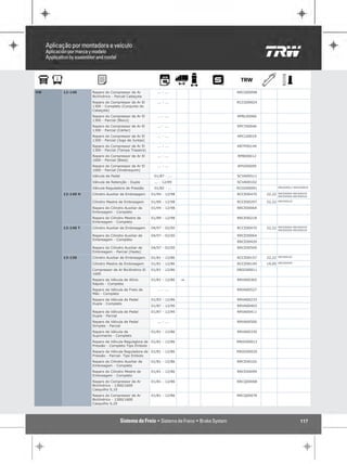 VW   12-140     Reparo do Compressor de Ar            ... - ...        RRCG00098
                Bicilíndrico - Parcial Cabeçote
                Reparo do Compressor de Ar El         ... - ...        RCCG00024
                1300 - Completo (Conjunto do
                Cabeçote)
                Reparo do Compressor de Ar El         ... - ...        RPBL00066
                1300 - Parcial (Bloco)
                Reparo do Compressor de Ar El         ... - ...        RPCY00046
                1300 - Parcial (Cárter)
                Reparo do Compressor de Ar El         ... - ...        RPCL00019
                1300 - Parcial (Jogo de Juntas)
                Reparo do Compressor de Ar El         ... - ...        RRTP00144
                1300 - Parcial (Tampa Traseira)
                Reparo do Compressor de Ar El         ... - ...        RPBI00012
                1600 - Parcial (Biela)
                Reparo do Compressor de Ar El         ... - ...        RPVI00099
                1600 - Parcial (Virabrequim)
                Válvula de Pedal                    01/87 - ...        SCVA00511
                Válvula de Retenção - Dupla         ... - 12/89        SCVA00102
                Válvula Reguladora de Pressão       01/82 - ...        RCGO00091           RRGO00012 RRGO00020

     12-140 H   Cilindro Auxiliar de Embreagem     01/94 - 12/98       RCCE00470   22,22   RRCE00064 RRCE00470
                                                                                           RRCE00500 RRCE00520

                Cilindro Mestre de Embreagem       01/89 - 12/98       RCCE00297   22,22   RRCE00218

                Reparo do Cilindro Auxiliar de     01/94 - 12/98       RRCE00064
                Embreagem - Completo
                Reparo do Cilindro Mestre de       01/89 - 12/98       RRCE00218
                Embreagem - Completo
     12-140 T   Cilindro Auxiliar de Embreagem     04/97 - 02/00       RCCE00470   22,22   RRCE00064 RRCE00470
                                                                                           RRCE00500 RRCE00520

                Reparo do Cilindro Auxiliar de     04/97 - 02/00       RRCE00064
                Embreagem - Completo
                                                                       RRCE00420
                Reparo do Cilindro Auxiliar de     04/97 - 02/00       RRCE00500
                Embreagem - Parcial (Haste)
     13-130     Cilindro Auxiliar de Embreagem     01/81 - 12/86       RCCE00157   22,22   RRCE00102

                Cilindro Mestre de Embreagem       01/81 - 12/86       RCCE00149   19,05   RRCE00099

                Compressor de Ar Bicilíndrico El   01/81 - 12/86       SRGO00011
                1600
                Reparo da Válvula de Alívio        01/81 - 12/86   "   RRVA00365
                Rápido - Completo
                Reparo da Válvula de Freio de         ... - ...        RRVA00527
                Mão - Completo
                Reparo da Válvula de Pedal         01/83 - 12/86       RRVA00233
                Dupla - Completo
                                                   01/87 - 12/90       RRVA00403
                Reparo da Válvula de Pedal         01/87 - 12/90       RRVA00411
                Dupla - Parcial
                Reparo da Válvula de Pedal            ... - ...        RRVA00500
                Simples - Parcial
                Reparo da Válvula de               01/81 - 12/86       RRVA00330
                Suprimento - Completo
                Reparo da Válvula Reguladora de 01/81 - 12/86          RRGO00012
                Pressão - Completo-Tipo Êmbolo
                Reparo da Válvula Reguladora de 01/81 - 12/86          RRGO00020
                Pressão - Parcial- Tipo Embolo
                Reparo do Cilindro Auxiliar de     01/81 - 12/86       RRCE00102
                Embreagem - Completo
                Reparo do Cilindro Mestre de       01/81 - 12/86       RRCE00099
                Embreagem - Completo
                Reparo do Compressor de Ar         01/81 - 12/86       RRCQ00068
                Bicilíndrico - 1300/1600
                Casquilho 0,10
                Reparo do Compressor de Ar         01/81 - 12/86       RRCQ00076
                Bicilíndrico - 1300/1600
                Casquilho 0,20




                                                                                                         117
 