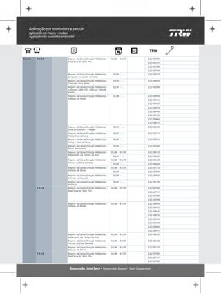 Scania   R 143   Reparo da Caixa Direção Hidráulica -   01/88 - 01/95   22150796S
                 Anel Guia do Sem Fim
                                                                        22150797S
                                                                        22150798S
                                                                        22150799S
                 Reparo da Caixa Direção Hidráulica -    02/95 - ...    22150657S
                 Conjunto Árvore de Entrada
                 Reparo da Caixa Direção Hidráulica -    02/95 - ...    22150663S
                 Conjunto Eixo Setor
                 Reparo da Caixa Direção Hidráulica -    02/95 - ...    22150658S
                 Conjunto Sem Fim, Carcaça Válvula
                 Pistão
                 Reparo da Caixa Direção Hidráulica -    01/88 - ...    22150490S
                 Esferas do Pistão
                                                                        22150491S
                                                                        22150492S
                                                                        22150493S
                                                                        22150494S
                                                                        22150495S
                                                                        22150496S
                                                                        22150497S
                 Reparo da Caixa Direção Hidráulica -    02/95 - ...    22150672S
                 Guia de Esferas e Fixação
                 Reparo da Caixa Direção Hidráulica -    02/95 - ...    22150671S
                 Pistão Cremalheira
                 Reparo da Caixa Direção Hidráulica -    02/95 - ...    22150781S
                 Porca e Contra Porca
                 Reparo da Caixa Direção Hidráulica -    02/95 - ...    22150746S
                 Porca Sextavada
                 Reparo da Caixa Direção Hidráulica -   01/88 - 01/95   22150412S
                 Rolamento da Tampa do Eixo
                                                         02/95 - ...    22150652S
                 Reparo da Caixa Direção Hidráulica -   01/88 - 01/95   22150422S
                 Tampa do Eixo Usinada
                                                         02/95 - ...    22150664S
                 Reparo da Caixa Direção Hidráulica -   01/88 - 01/95   22150772S
                 Válvula de Alívio
                                                         02/95 - ...    22150780S
                 Reparo da Caixa Direção Hidráulica -    02/95 - ...    22150782S
                 Válvula Limitadora
                 Reparo da Caixa Direção Hidráulica -    02/95 - ...    22150779S
                 Vedação
         T 112   Reparo da Caixa Direção Hidráulica -   01/88 - 01/95   22150796S
                 Anel Guia do Sem Fim
                                                                        22150797S
                                                                        22150798S
                                                                        22150799S
                 Reparo da Caixa Direção Hidráulica -   01/88 - 01/95   22150490S
                 Esferas do Pistão
                                                                        22150491S
                                                                        22150492S
                                                                        22150493S
                                                                        22150494S
                                                                        22150495S
                                                                        22150496S
                                                                        22150497S
                 Reparo da Caixa Direção Hidráulica -   01/88 - 01/95   22150412S
                 Rolamento da Tampa do Eixo
                 Reparo da Caixa Direção Hidráulica -   01/88 - 01/95   22150422S
                 Tampa do Eixo Usinada
                 Reparo da Caixa Direção Hidráulica -   01/88 - 01/95   22150772S
                 Válvula de Alívio
         T 113   Reparo da Caixa Direção Hidráulica -   01/88 - 01/95   22150796S
                 Anel Guia do Sem Fim
                                                                        22150797S
                                                                        22150798S
 