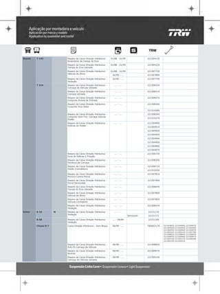 Scania   T 143            Reparo da Caixa Direção Hidráulica -   01/88 - 01/95              22150412S
                          Rolamento da Tampa do Eixo
                          Reparo da Caixa Direção Hidráulica -   01/88 - 01/95              22150422S
                          Tampa do Eixo Usinada
                          Reparo da Caixa Direção Hidráulica -   01/88 - 01/95              22150772S
                          Válvula de Alívio
                                                                  02/95 - ...               22150780S
                          Reparo da Caixa Direção Hidráulica -    02/95 - ...               22150779S
                          Vedação
         T 214            Reparo da Caixa Direção Hidráulica -      ... - ...               22150832S
                          Carcaça da Válvula Usinada
                          Reparo da Caixa Direção Hidráulica -      ... - ...               22150831S
                          Carcaça Usinada
                          Reparo da Caixa Direção Hidráulica -      ... - ...               22150657S
                          Conjunto Árvore de Entrada
                          Reparo da Caixa Direção Hidráulica -      ... - ...               22150836S
                          Conjunto Eixo Setor
                                                                                            22151026S
                          Reparo da Caixa Direção Hidráulica -      ... - ...               22150834S
                          Conjunto Sem Fim, Carcaça Válvula
                                                                                            22151027S
                          Pistão
                          Reparo da Caixa Direção Hidráulica -      ... - ...               22150490S
                          Esferas do Pistão
                                                                                            22150491S
                                                                                            22150492S
                                                                                            22150493S
                                                                                            22150494S
                                                                                            22150495S
                                                                                            22150496S
                                                                                            22150497S
                          Reparo da Caixa Direção Hidráulica -      ... - ...               22150672S
                          Guia de Esferas e Fixação
                          Reparo da Caixa Direção Hidráulica -      ... - ...               22150835S
                          Parafuso da Carcaça
                          Reparo da Caixa Direção Hidráulica -      ... - ...               22150671S
                          Pistão Cremalheira
                                                                                            22151025S
                          Reparo da Caixa Direção Hidráulica -      ... - ...               22150781S
                          Porca e Contra Porca
                          Reparo da Caixa Direção Hidráulica -      ... - ...               22150746S
                          Porca Sextavada
                          Reparo da Caixa Direção Hidráulica -      ... - ...               22150664S
                          Tampa do Eixo Usinada
                          Reparo da Caixa Direção Hidráulica -      ... - ...               22150780S
                          Válvula de Alívio
                          Reparo da Caixa Direção Hidráulica -      ... - ...               22150782S
                          Válvula Limitadora
                          Reparo da Caixa Direção Hidráulica -      ... - ...               22150837S
                          Vedação
Volvo    B 10         M   Reparo da Caixa Direção Hidráulica -      ... - ...               22151170
                          Vedação
                                                                                 Servocom   22151172
         B 58             Reparo da Caixa Direção Hidráulica -    ... - 04/84               22151169
                          Vedação
         Chassi B 7       Caixa Direção Hidráulica - Sem Braço    06/99 - ...               TAS65317S   22150382S   22150490S   22150491S
                                                                                                        22150492S   22150493S   22150494S
                                                                                                        22150495S   22150496S   22150497S
                                                                                                        22150542S   22150543S   22150778S
                                                                                                        22150882S   22150884S   22150903S
                                                                                                        22150905S   22150906S   22150907S
                                                                                                        22150910S   22150917S   22150918S
                                                                                                        22150919S   22150925S

                          Reparo da Caixa Direção Hidráulica -    06/99 - ...               22150882S
                          Anti-Pó Carcaça da Válvula
                          Reparo da Caixa Direção Hidráulica -    06/99 - ...               22150907S
                          Buchas
                          Reparo da Caixa Direção Hidráulica -    06/99 - ...               22150910S
                          Carcaça da Válvula Usinada
 