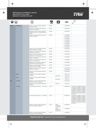 Volvo   Chassi B 7   Reparo da Caixa Direção Hidráulica -   06/99 - ...                22150905S
                     Carcaça Usinada
                     Reparo da Caixa Direção Hidráulica -   06/99 - ...                22150918S
                     Conjunto Eixo Setor
                     Reparo da Caixa Direção Hidráulica -   06/99 - ...                22150916S
                     Conjunto Sem Fim, Carcaça Válvula
                     Pistão
                     Reparo da Caixa Direção Hidráulica -   06/99 - ...                22150490S
                     Esferas do Pistão
                                                                                       22150491S
                                                                                       22150492S
                                                                                       22150493S
                                                                                       22150494S
                                                                                       22150495S
                                                                                       22150496S
                                                                                       22150497S
                     Reparo da Caixa Direção Hidráulica -   06/99 - ...                22150543S
                     Guia de Esferas e Fixação
                     Reparo da Caixa Direção Hidráulica -   06/99 - ...                22150917S
                     Parafuso da Carcaça
                     Reparo da Caixa Direção Hidráulica -   06/99 - ...                22150382S
                     Parafuso da Tampa do Eixo
                     Reparo da Caixa Direção Hidráulica -   06/99 - ...                22150542S
                     Pistão Cremalheira
                     Reparo da Caixa Direção Hidráulica -   06/99 - ...                22150884S
                     Porca e Contra Porca
                     Reparo da Caixa Direção Hidráulica -   06/99 - ...                22150906S
                     Rolamento da Tampa do Eixo
                     Reparo da Caixa Direção Hidráulica -   06/99 - ...                22150919S
                     Tampa do Eixo Usinada
                     Reparo da Caixa Direção Hidráulica -   06/99 - ...                22150778S
                     Válvula Limitadora
                                                                                       22150925S
                     Reparo da Caixa Direção Hidráulica -   06/99 - ...                22150903S
                     Vedação
        N 10         Reparo da Caixa Direção Hidráulica -     ... - ...                22151170
                     Vedação
                                                                          Servocom     22151172
        N 12         Reparo da Caixa Direção Hidráulica -     ... - ...                22151170
                     Vedação
                                                                          Servocom     22151172
VW      11-130       Reparo da Caixa Direção Hidráulica -     ... - ...                22150610S
                     Carcaça da Válvula Usinada
                     Reparo da Caixa Direção Hidráulica -     ... - ...   Caixa ZF     22151166
                     Vedação
        11-140       Caixa Direção Hidráulica - Com Braço   01/91 - ...                TAS65303S   22150378S   22150382S   22150470S
                                                                                                   22150477S   22150480S   22150481S
                                                                                                   22150490S   22150491S   22150492S
                                                                                                   22150493S   22150494S   22150495S
                                                                                                   22150496S   22150497S   22150540S
                                                                                                   22150542S   22150543S   22150610S
                                                                                                   22150611S   22150772S   22150775S
                                                                                                   22150777S   22150778S   22150818S
                                                                                                   22150819S

                     Caixa Direção Hidráulica - Sem Braço   01/91 - ...                TAS65301S   22150378S   22150382S   22150470S
                                                                                                   22150477S   22150480S   22150481S
                                                                                                   22150490S   22150491S   22150492S
                                                                                                   22150493S   22150494S   22150495S
                                                                                                   22150496S   22150497S   22150540S
                                                                                                   22150542S   22150543S   22150610S
                                                                                                   22150611S   22150772S   22150775S
                                                                                                   22150777S   22150778S   22150818S
                                                                                                   22150819S

                     Reparo da Caixa Direção Hidráulica -   01/91 - ...   Altura       22150819S
                     Anti-Pó Carcaça da Válvula                           Alojamento
                                                                          12.73 mm
                                                                          Altura       22150818S
                                                                          Alojamento
                                                                          20.12 mm
                     Reparo da Caixa Direção Hidráulica -   01/91 - ...                22150610S
                     Carcaça da Válvula Usinada
 