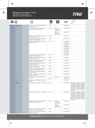 VW   11-140       Reparo da Caixa Direção Hidráulica -   01/91 - ...                22150470S
                  Carcaça Usinada
                  Reparo da Caixa Direção Hidráulica -   01/91 - ...   Altura       22150540S
                  Conjunto Árvore de Entrada                           Alojamento
                                                                       12.73 mm
                                                                       Altura       22150611S
                                                                       Alojamento
                                                                       20.12 mm
                  Reparo da Caixa Direção Hidráulica -   01/91 - ...                22150378S
                  Conjunto Eixo Setor
                  Reparo da Caixa Direção Hidráulica -   01/91 - ...                22150477S
                  Conjunto Pinhão Válvula
                  Reparo da Caixa Direção Hidráulica -   01/91 - ...                22150490S
                  Esferas do Pistão
                                                                                    22150491S
                                                                                    22150492S
                                                                                    22150493S
                                                                                    22150494S
                                                                                    22150495S
                                                                                    22150496S
                                                                                    22150497S
                  Reparo da Caixa Direção Hidráulica -   01/91 - ...                22150543S
                  Guia de Esferas e Fixação
                  Reparo da Caixa Direção Hidráulica -   01/91 - ...                22150481S
                  Parafuso da Carcaça
                  Reparo da Caixa Direção Hidráulica -   01/91 - ...                22150382S
                  Parafuso da Tampa do Eixo
                  Reparo da Caixa Direção Hidráulica -   01/91 - ...                22150542S
                  Pistão Cremalheira
                  Reparo da Caixa Direção Hidráulica -   01/91 - ...                22150777S
                  Porca e Contra Porca
                  Reparo da Caixa Direção Hidráulica -   01/91 - ...                22150480S
                  Rolamento da Tampa do Eixo
                  Reparo da Caixa Direção Hidráulica -   01/91 - ...                22150772S
                  Válvula de Alívio
                  Reparo da Caixa Direção Hidráulica -   01/91 - ...                22150778S
                  Válvula Limitadora
                  Reparo da Caixa Direção Hidráulica -     ... - ...   Caixa ZF     22151166
                  Vedação
                                                         01/91 - ...                22150775S
     12       T   Reparo da Caixa Direção Hidráulica -     ... - ...                22151172
                  Vedação
     12-140       Caixa Direção Hidráulica - Com Braço   01/91 - ...                TAS65303S   22150378S   22150382S   22150470S
                                                                                                22150477S   22150480S   22150481S
                                                                                                22150490S   22150491S   22150492S
                                                                                                22150493S   22150494S   22150495S
                                                                                                22150496S   22150497S   22150540S
                                                                                                22150542S   22150543S   22150610S
                                                                                                22150611S   22150772S   22150775S
                                                                                                22150777S   22150778S   22150818S
                                                                                                22150819S

                  Caixa Direção Hidráulica - Sem Braço   01/91 - ...                TAS65301S   22150378S   22150382S   22150470S
                                                                                                22150477S   22150480S   22150481S
                                                                                                22150490S   22150491S   22150492S
                                                                                                22150493S   22150494S   22150495S
                                                                                                22150496S   22150497S   22150540S
                                                                                                22150542S   22150543S   22150610S
                                                                                                22150611S   22150772S   22150775S
                                                                                                22150777S   22150778S   22150818S
                                                                                                22150819S

                  Reparo da Caixa Direção Hidráulica -   01/91 - ...   Altura       22150819S
                  Anti-Pó Carcaça da Válvula                           Alojamento
                                                                       12.73 mm
                                                                       Altura       22150818S
                                                                       Alojamento
                                                                       20.12 mm
                  Reparo da Caixa Direção Hidráulica -   01/91 - ...                22150610S
                  Carcaça da Válvula Usinada
                  Reparo da Caixa Direção Hidráulica -   01/91 - ...                22150470S
                  Carcaça Usinada
 