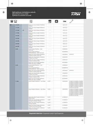VW   17-210        Reparo da Caixa Direção Hidráulica -     ... - ...    22151172
                   Vedação
     17-220        Reparo da Caixa Direção Hidráulica -     ... - ...    22151172
                   Vedação
     17-240   OT   Reparo da Caixa Direção Hidráulica -     ... - ...    22151172
                   Vedação
     17-300        Reparo da Caixa Direção Hidráulica -     ... - ...    22151172
                   Vedação
     24-220        Reparo da Caixa Direção Hidráulica -     ... - ...    22151172
                   Vedação
     24-250        Reparo da Caixa Direção Hidráulica -     ... - ...    22151172
                   Vedação
     26-300        Reparo da Caixa Direção Hidráulica -     ... - ...    22151172
                   Vedação
     35-300        Reparo da Caixa Direção Hidráulica -     ... - ...    22151172
                   Vedação
     40-300        Reparo da Caixa Direção Hidráulica -     ... - ...    22151172
                   Vedação
     6-80          Caixa Direção Mecânica - Sem             ... - ...   10540052S
                   Terminais
                   Caixa Direção Mecânica                   ... - ...   10540RM052
                   Remanufaturado - Sem Terminais
                   Reparo da Caixa Direção Hidráulica -     ... - ...   10543043S    10540052S
                   Conjunto Coluna e Sem Fim
                   Reparo da Caixa Direção Hidráulica -     ... - ...   10544019S
                   Conjunto Eixo Setor
                   Reparo da Caixa Direção Hidráulica -     ... - ...   10545101S
                   Conjunto Tampa do Eixo
                   Reparo da Caixa Direção Mecânica -       ... - ...   40150054S
                   Reparo de calço e vedação
     6-90          Caixa Direção Mecânica - Sem             ... - ...   10540052S
                   Terminais
                   Caixa Direção Mecânica                   ... - ...   10540RM052
                   Remanufaturado - Sem Terminais
                   Reparo da Caixa Direção Hidráulica -     ... - ...   10543043S    10540052S
                   Conjunto Coluna e Sem Fim
                   Reparo da Caixa Direção Hidráulica -     ... - ...   10544019S
                   Conjunto Eixo Setor
                   Reparo da Caixa Direção Hidráulica -     ... - ...   10545101S
                   Conjunto Tampa do Eixo
                   Reparo da Caixa Direção Mecânica -       ... - ...   40150054S
                   Reparo de calço e vedação
     7-100         Caixa Direção Hidráulica - Com Braço   01/94 - ...   TAS30305S    22150447S   22150454S   22150490S
                                                                                     22150491S   22150492S   22150493S
                                                                                     22150494S   22150495S   22150496S
                                                                                     22150497S   22150535S   22150536S
                                                                                     22150558S   22150613S   22150614S
                                                                                     22150618S   22150619S   22150620S
                                                                                     22150621S   22150765S   22150771S
                                                                                     22150772S   22150774S

                   Caixa Direção Hidráulica - Sem Braço   01/94 - ...   TAS30304S    22150447S   22150454S   22150490S
                                                                                     22150491S   22150492S   22150493S
                                                                                     22150494S   22150495S   22150496S
                                                                                     22150497S   22150535S   22150536S
                                                                                     22150558S   22150613S   22150614S
                                                                                     22150618S   22150619S   22150620S
                                                                                     22150621S   22150765S   22150771S
                                                                                     22150772S   22150774S

                   Reparo da Caixa Direção Hidráulica -   01/94 - ...   22150619S
                   Braço Pitman
                   Reparo da Caixa Direção Hidráulica -   01/94 - ...   22150621S
                   Carcaça da Válvula Usinada
                   Reparo da Caixa Direção Hidráulica -   01/94 - ...   22150613S
                   Carcaça Usinada
                   Reparo da Caixa Direção Hidráulica -   01/94 - ...   22150620S
                   Conjunto Árvore de Entrada
                   Reparo da Caixa Direção Hidráulica -   01/94 - ...   22150447S
                   Conjunto Eixo Setor
 
