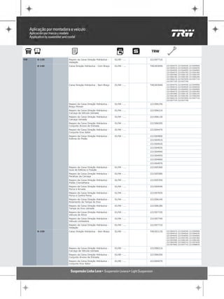 VW   8-120   Reparo da Caixa Direção Hidráulica -   01/00 - ...   22150771S
             Vedação
     8-140   Caixa Direção Hidráulica - Com Braço   01/94 - ...   TAS30305S   22150447S   22150454S   22150490S
                                                                              22150491S   22150492S   22150493S
                                                                              22150494S   22150495S   22150496S
                                                                              22150497S   22150535S   22150536S
                                                                              22150558S   22150613S   22150614S
                                                                              22150618S   22150619S   22150620S
                                                                              22150621S   22150765S   22150771S
                                                                              22150772S   22150774S

             Caixa Direção Hidráulica - Sem Braço   01/94 - ...   TAS30304S   22150447S   22150454S   22150490S
                                                                              22150491S   22150492S   22150493S
                                                                              22150494S   22150495S   22150496S
                                                                              22150497S   22150535S   22150536S
                                                                              22150558S   22150613S   22150614S
                                                                              22150618S   22150619S   22150620S
                                                                              22150621S   22150765S   22150771S
                                                                              22150772S   22150774S

             Reparo da Caixa Direção Hidráulica -   01/94 - ...   22150619S
             Braço Pitman
             Reparo da Caixa Direção Hidráulica -   01/94 - ...   22150621S
             Carcaça da Válvula Usinada
             Reparo da Caixa Direção Hidráulica -   01/94 - ...   22150613S
             Carcaça Usinada
             Reparo da Caixa Direção Hidráulica -   01/94 - ...   22150620S
             Conjunto Árvore de Entrada
             Reparo da Caixa Direção Hidráulica -   01/94 - ...   22150447S
             Conjunto Eixo Setor
             Reparo da Caixa Direção Hidráulica -   01/94 - ...   22150490S
             Esferas do Pistão
                                                                  22150491S
                                                                  22150492S
                                                                  22150493S
                                                                  22150494S
                                                                  22150495S
                                                                  22150496S
                                                                  22150497S
             Reparo da Caixa Direção Hidráulica -   01/94 - ...   22150536S
             Guia de Esferas e Fixação
             Reparo da Caixa Direção Hidráulica -   01/94 - ...   22150558S
             Parafuso da Carcaça
             Reparo da Caixa Direção Hidráulica -   01/94 - ...   22150535S
             Pistão Cremalheira
             Reparo da Caixa Direção Hidráulica -   01/94 - ...   22150454S
             Porca e Arruela
             Reparo da Caixa Direção Hidráulica -   01/94 - ...   22150765S
             Porca e Contra Porca
             Reparo da Caixa Direção Hidráulica -   01/94 - ...   22150614S
             Rolamento da Tampa do Eixo
             Reparo da Caixa Direção Hidráulica -   01/94 - ...   22150618S
             Tampa do Eixo Usinada
             Reparo da Caixa Direção Hidráulica -   01/94 - ...   22150772S
             Válvula de Alívio
             Reparo da Caixa Direção Hidráulica -   01/94 - ...   22150774S
             Válvula Limitadora
             Reparo da Caixa Direção Hidráulica -   01/94 - ...   22150771S
             Vedação
     8-150   Caixa Direção Hidráulica - Sem Braço   01/00 - ...   TAS30313S   22150447S   22150454S   22150490S
                                                                              22150491S   22150492S   22150493S
                                                                              22150494S   22150495S   22150496S
                                                                              22150497S   22150535S   22150536S
                                                                              22150558S   22150614S   22150618S
                                                                              22150620S   22150621S   22150765S
                                                                              22150766S   22150771S   22150883S

             Reparo da Caixa Direção Hidráulica -   01/00 - ...   22150621S
             Carcaça da Válvula Usinada
             Reparo da Caixa Direção Hidráulica -   01/00 - ...   22150620S
             Conjunto Árvore de Entrada
             Reparo da Caixa Direção Hidráulica -   01/00 - ...   22150447S
             Conjunto Eixo Setor
 
