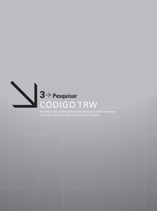 3> Pesquisar
CÓDIGO TRW
Os códigos das pastilhas TRW estão listados em ordem crescente,
com seus respectivos desenhos técnicos e medidas
 