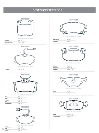DESENHOS TÉCNICOS


                            RCPT00990                                           RCPT01060




                                                                          Dim: 126,90 x 56,11 x 15,50mm
                      Dim: 61,45 x 61,16 x 15,00mm
                                                             Mitsubishi    Pág. 32
     Cadilac           Pág. 9
                                                             Chrysler      Pág. 10
     General Motors    Pág. 21 a 24



                            RCPT01020                                           RCPT01070




                                                                          Dim: 104,90 x 54,16 x 11,00mm

                                                             Citroën       Pág. 11, 12
                      Dim: 95,00 x 48,59 x 19,00mm
                                                             Peugeot       Pág. 34, 35
     Peugeot           Pág. 35, 36                           Renault       Pág. 37 a 39



                            RCPT01030                                           RCPT01090




                                                                          Dim: 123,00 x 48,83 x 17,00mm

                                                             BMW           Pág. 9

                      Dim: 87,00 x 51,88 x 17,00mm
     Audi              Pág. 8
     Ford              Pág. 19                                                  RCPT01100
     Peugeot           Pág. 36
     Seat              Pág. 41
     Volkswagen        Pág. 45


                            RCPT01040

                                                                          Dim: 151,30 x 52,53 x 17,30mm

                                                             Ford          Pág. 18 a 21
                                                             Volkswagen    Pág. 45 a 47




                      Dim: 129,30 x 58,41 x 18,50mm
     Alfa Romeo        Pág. 6, 7
66   Fiat              Pág. 14, 17
     Lancia            Pág. 29
 