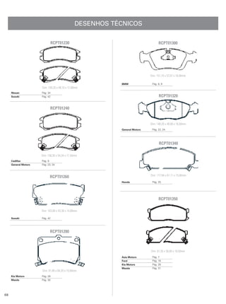 DESENHOS TÉCNICOS

                             RCPT01230                                             RCPT01300




                                                                             Dim: 151,10 x 57,67 x 18,00mm

                                                            BMW               Pág. 8, 9
                      Dim: 159,20 x 49,10 x 17,00mm
     Nissan           Pág. 34
     Suzuki           Pág. 42                                                      RCPT01320

                             RCPT01240


                                                                             Dim: 140,20 x 48,00 x 16,50mm
                                                            General Motors    Pág. 22, 24




                                                                                   RCPT01340

                      Dim: 156,30 x 54,34 x 17,50mm
     Cadillac         Pág. 9
     General Motors   Pág. 23, 24



                                                                             Dim: 117,94 x 61,11 x 15,00mm
                            RCPT01260
                                                            Honda             Pág. 25




                                                                                   RCPT01350

                      Dim: 103,00 x 43,30 x 14,80mm

     Suzuki           Pág. 42




                             RCPT01280



                                                                             Dim: 61,55 x 56,80 x 18,50mm
                                                            Asia Motors       Pág. 7
                                                            Ford              Pág. 18
                                                            Kia Motors        Pág. 28
                                                            Mazda             Pág. 31
                      Dim: 91,80 x 64,20 x 15,00mm
     Kia Motors       Pág. 28
     Mazda            Pág. 30




68
 