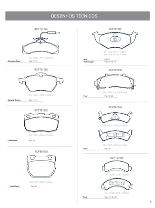 DESENHOS TÉCNICOS

                        RCPT01740                                         RCPT01870




                                                                   Dim: 141,50 x 51,15 x 17,00mm
                                                                   Dim: 141,50 x 50,70 x 17,00mm
                 Dim: 164,80 x 73,10 x 20,00mm
                                                      Seat          Pág. 41
Mercedes Benz    Pág. 31, 32                          Volkswagen    Pág. 44, 46, 47



                        RCPT01790                                        RCPT01930




                                                                   Dim: 153,60 x 56,10 x 16,50mm
                 Dim: 156,22 x 74,00 x 19,50mm        Ford          Pág. 18, 20

General Motors   Pág. 21, 24



                                                                         RCPT01940
                        RCPT01820




                                                                   Dim: 140,20 x 45,00 x 14,50mm



                 Dim: 126,44 x 68,53 x 17,50mm

Land Rover       Pág. 30

                                                                   Dim: 140,20 x 45,00 x 14,50mm
                                                      Ford          Pág. 18
                           RCPT01830

                                                                              RCPT01950




                                                                    Dim: 160,20 x 62,50 x 15,00mm


                 Dim: 87,98 x 68,67 x 15,50mm
  Land Rover       Pág. 30



                                                                    Dim: 172,00 x 63,18 x 14,00mm
                                                      Ford          Pág. 17, 18 , 20

                                                                                                    71
 