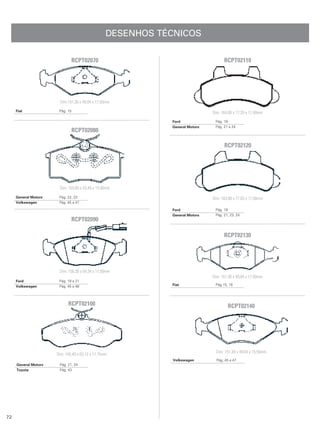 DESENHOS TÉCNICOS

                              RCPT02070                                             RCPT02110




                        Dim:151,30 x 49,04 x 17,50mm
     Fiat              Pág. 15
                                                                              Dim: 164,00 x 77,39 x 17,00mm

                                                             Ford              Pág. 19
                                                             General Motors    Pág. 21 a 24
                                 RCPT02080

                                                                                    RCPT02120




                       Dim: 103,85 x 53,45 x 15,80mm

     General Motors    Pág. 22, 23                                            Dim: 163,80 x 77,03 x 17,00mm
     Volkswagen        Pág. 45 a 47

                                                             Ford              Pág. 19
                                                             General Motors    Pág. 21, 23, 24
                              RCPT02090

                                                                                    RCPT02130




                       Dim: 156,30 x 54,34 x 17,50mm
                                                                              Dim: 151,30 x 49,04 x 17,50mm
     Ford              Pág. 19 a 21
     Volkswagen        Pág. 45 a 48                          Fiat              Pág.15, 16




                            RCPT02100                                                 RCPT02140




                                                                                Dim: 151,30 x 49,04 x 15,50mm
                      Dim: 145,40 x 63,12 x 17,75mm
                                                             Volkswagen         Pág. 45 a 47
     General Motors    Pág. 21, 24
     Toyota            Pág. 43




72
 