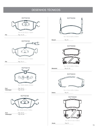 DESENHOS TÉCNICOS

                     RCPT02150                                        RCPT02250




               Dim:151,30 x 52,23 x 17,30mm
Fiat          Pág. 14 a 16
                                                                Dim: 155,70 x 56,50 x 18,50mm

                                                   Renault       Pág. 40
                     RCPT02160

                                                                      RCPT02550




              Dim:151,30 x 52,53 x 17,30mm

Fiat          Pág. 15 a 17



                                                                Dim: 155,70 x 56,50 x 18,50mm
                     RCPT02170                     Mitsubishi    Pág. 32, 33




                                                                      RCPT02610




              Dim: 109,83 x 58,98 x 18,20mm

Ford          Pág. 19 a 21
Volkswagen    Pág. 45 a 48                                      Dim: 127,40 x 54,05 x 16,50mm
                                                   Subaru        Pág. 42


                   RCPT02180
                                                                           RCPT02620




             Dim: 156,30 x 54,34 x 17,50mm

Ford          Pág. 19 a 21
Volkswagen    Pág. 45 a 48




                                                                   Dim: 88,70 x 47,50 x 14,00mm
                                                   Honda          Pág. 25
                                                                                                  73
 