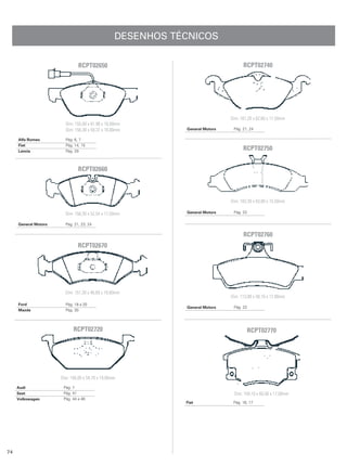 DESENHOS TÉCNICOS

                               RCPT02650                                            RCPT02740




                                                                              Dim: 161,20 x 62,60 x 17,50mm
                        Dim: 155,00 x 61,98 x 18,00mm
                        Dim: 156,30 x 59,37 x 18,00mm        General Motors    Pág. 21, 24

     Alfa Romeo         Pág. 6, 7
     Fiat               Pág. 14, 15
     Lancia             Pág. 29
                                                                                    RCPT02750


                               RCPT02660



                                                                              Dim: 183,30 x 63,80 x 15,50mm

                        Dim: 156,30 x 52,54 x 17,50mm        General Motors    Pág. 23


     General Motors     Pág. 21, 23, 24

                                                                                    RCPT02760
                               RCPT02670




                        Dim: 151,30 x 46,69 x 16,60mm
                                                                              Dim: 113,80 x 58,10 x 17,80mm
     Ford               Pág. 18 a 20
                                                             General Motors    Pág. 23
     Mazda              Pág. 30




                            RCPT02720                                                    RCPT02770




                      Dim: 146,00 x 54,70 x 19,00mm
     Audi              Pág. 7
     Seat              Pág. 41                                                 Dim: 104,10 x 60,56 x 17,00mm
     Volkswagen        Pág. 44 a 46
                                                             Fiat              Pág. 16, 17




74
 