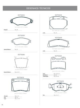 DESENHOS TÉCNICOS

                                RCPT02910                                      RCPT04230




                       Dim: 130,92 x 47,21 x 17,80mm

     Peugeot          Pág. 35
                                                                         Dim: 126,90 x 56,11 x 15,50mm
                                                            Lada            Pág. 29


                                RCPT02930
                                                                               RCPT04240




                       Dim: 131,70 x 55,40 x 16,00mm
                                                                         Dim:126,00 x 45,30 x 16,00mm
     General Motors   Pág. 22
                                                            Lada            Pág. 29



                                RCPT04200
                                                                               RCPT04260




                       Dim: 98,10 x 68,10 x 16,00mm
                                                                         Dim: 61,70 x 51,06 x 15,00mm
     General Motors   Pág. 22, 23
                                                            Ford            Pág. 18, 20, 21
                                                            Kia Motors      Pág. 28
                                                            Volkswagen      Pág. 45 a 48
                            RCPT04210

                                                                                      RCPT04270




                                                                             Dim 151,30 x 52,53 x 17,30mm
                      Dim: 98,10 x 68,10 x 16,00mm
                                                            Fiat            Pág. 15 a 17
     Chrysler         Pág. 9, 10
     Fiat             Pág. 16
     Ford             Pág. 17, 19




76
 