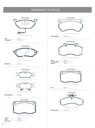 DESENHOS TÉCNICOS

                                 RCPT04380                                         RCPT04420




                                                                             Dim: 163,90 x 90,33 x 21,50mm
                       Dim: 146,00 x 54,70 x 19,00mm        General Motors    Pág. 22 a 24

     Audi              Pág. 7
     Volkswagen        Pág. 45, 47
                                                                                   RCPT04430

                                 RCPT04390




                                                                             Dim: 174,50 x 85,40 x 21,80mm
                       Dim: 123,10 x 48,00 x 15,30mm        Iveco             Pág. 27
                                                            Mercedes Benz     Pág. 31
     Mitsubishi        Pág. 32                              Renault           Pág. 40




                                 RCPT04400                                         RCPT04440




                       Dim: 156,30 x 52,54 x 17,50mm


                                                                             Dim: 139,40 x 75,50 x 19,50mm

                                                            Ford              Pág. 19



                       Dim: 156,30 x 62,44 x 17,50mm
                                                                                        RCPT04450
     General Motors    Pág. 23



                            RCPT04410



                                                                               Dim: 164,80 x 73,10 x 20,00mm

                                                            Mercedes Benz     Pág. 31, 32




                      Dim: 139,40 x 75,50 x 18,50mm
     Agrale            Pág. 6
     Ford              Pág. 19
     Marcopolo         Pág. 30


78
 
