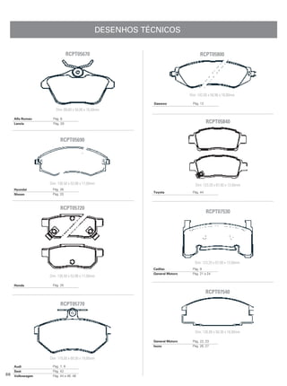 DESENHOS TÉCNICOS

                              RCPT05670                                         RCPT05800




                                                                          Dim: 142,50 x 50,96 x 18,00mm

                                                         Daewoo             Pág. 12
                      Dim: 89,60 x 50,06 x 16,50mm

     Alfa Romeo     Pág. 6
     Lancia         Pág. 29                                                           RCPT05840


                        RCPT05690




                  Dim: 136,50 x 53,98 x 17,00mm                              Dim: 123,20 x 67,00 x 13,50mm
     Hyundai       Pág. 26
                                                         Toyota            Pág. 44
     Nissan        Pág. 33



                        RCPT05720
                                                                                      RCPT07530




                                                                             Dim: 123,20 x 67,00 x 13,50mm
                                                         Cadilac           Pág. 9
                                                         General Motors    Pág. 21 a 24
                  Dim: 136,50 x 53,98 x 17,00mm

     Honda         Pág. 25

                                                                                      RCPT07540

                        RCPT05770




                                                                             Dim: 126,80 x 50,30 x 16,00mm

                                                         General Motors    Pág. 22, 23
                                                         Isuzu             Pág. 26, 27


                  Dim: 119,00 x 69,50 x 19,60mm

     Audi          Pág. 7, 8
     Seat          Pág. 42
88   Volkswagen    Pág. 44 a 46. 48
 