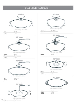 DESENHOS TÉCNICOS

                          RCPT08210                                   RCPT08250




                                                                Dim: 95,00 x 48,59 x 19,00mm
                   Dim: 129,40 x 51,99 x 18,50mm
                                                      Peugeot    Pág. 35, 36
     Jeep       Pág. 28
     Peugeot    Pág. 36

                                                                      RCPT08260
                     RCPT08220




               Dim: 159,40 x 64,38 x 19,00mm                    Dim: 95,00 x 48,59 x 19,00mm
     Citröen    Pág. 11                               Citröen    Pág. 12
     Fiat       Pág. 14
     Peugeot    Pág. 36

                                                                      RCPT08270
                     RCPT08230




                                                                Dim: 141,30 x 48,31 x 16,50mm

                                                      Citröen    Pág. 11
                                                      Peugeot    Pág. 34


               Dim: 143,70 x 60,24 x 19,00mm
                                                                      RCPT08280
     Fiat       Pág. 13, 14
     Peugeot    Pág. 36




                     RCPT08240

                                                                Dim: 130,92 x 47,21 x 17,80mm

                                                      Citröen    Pág. 11
                                                      Peugeot    Pág. 35
                                                      Renault    Pág. 37




               Dim: 151,30 x 49,04 x 17,50mm
96   Peugeot    Pág. 36
 