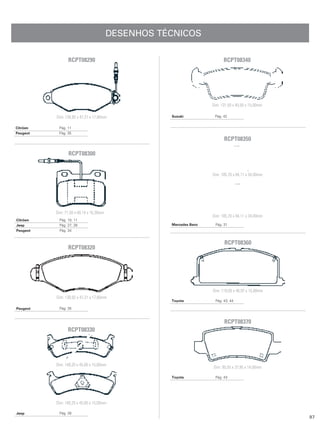 DESENHOS TÉCNICOS

                 RCPT08290                                                RCPT08340




                                                                    Dim: 131,50 x 45,50 x 15,00mm

          Dim: 130,92 x 47,21 x 17,80mm             Suzuki           Pág. 42


Citröen    Pág. 11
Peugeot    Pág. 35
                                                                          RCPT08350

                 RCPT08300


                                                                    Dim: 185,70 x 84,11 x 34,00mm




          Dim: 71,50 x 60,14 x 16,30mm
                                                                    Dim: 185,70 x 84,11 x 34,00mm
Citröen     Pág. 10, 11
Jeep        Pág. 27, 28                             Mercedes Benz    Pág. 31
Peugeot     Pág. 34


                                                                           RCPT08360
                 RCPT08320




                                                                    Dim: 119,50 x 46,97 x 15,00mm
          Dim: 130,92 x 47,21 x 17,80mm
                                                    Toyota           Pág. 43, 44

Peugeot     Pág. 35


                                                                           RCPT08370
                 RCPT08330




          Dim: 140,20 x 45,00 x 15,00mm
                                                                    Dim: 95,55 x 37,95 x 14,00mm

                                                    Toyota           Pág. 43




          Dim: 140,20 x 45,00 x 15,00mm

Jeep        Pág. 28
                                                                                                    97
 