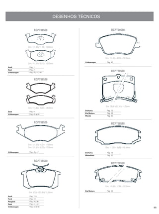 DESENHOS TÉCNICOS

                   RCPT08500                                           RCPT08560




             Dim: 141,50 x 51,15 x 19,00mm




                                                                 Dim: 131,40 x 62,90 x 18,50mm
                                                    Volkswagen    Pág. 47
             Dim: 141,50 x 50,70 x 19,00mm
Audi          Pág. 7
Seat          Pág. 41
Volkswagen    Pág. 45, 47, 48
                                                                       RCPT08570

                   RCPT08510




                                                                 Dim: 78,80 x 62,50 x 14,20mm
             Dim: 113,80 x 49,60 x 14,90mm
                                                    Daihatsu      Pág. 12
Seat          Pág. 41
                                                    Kia Motors    Pág. 28
Volkswagen    Pág. 45 a 48
                                                    Mazda         Pág. 30


                   RCPT08520                                           RCPT08580




             Dim: 137,50 x 48,31 x 17,00mm
             Dim: 137,50 x 50,52 x 17,00mm                       Dim: 113,80 x 49,60 x 14,90mm

Volkswagen    Pág. 45, 47                           Daihatsu      Pág. 12
                                                    Mitsubishi    Pág. 32


                   RCPT08530
                                                                       RCPT08590




                                                                 Dim: 149,00 x 57,80 x 16,50mm

                                                    Kia Motors    Pág. 28
             Dim: 87,00 x 51,88 x 15,00mm
Audi          Pág. 7, 8
Ford          Pág. 19
Peugeot       Pág. 35, 36
Seat          Pág. 41, 42
Volkswagen    Pág. 44 a 48
                                                                                                 99
 