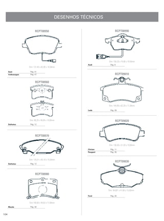 DESENHOS TÉCNICOS

                         RCPT08950                                         RCPT08990




                                                                    Dim: 156,20 x 74,00 x 19,50mm
                                                          Audi        Pág. 8
                   Dim: 131,40 x 62,90 x 18,50mm

      Seat          Pág. 41
      Volkswagen    Pág. 47                                                RCPT09010

                         RCPT08960




                                                                    Dim: 104,00 x 62,20 x 17,30mm
                                                          Lada        Pág. 29




                   Dim: 88,20 x 49,00 x 14,00mm                            RCPT09020
      Daihatsu      Pág. 12




                         RCPT08970

                                                                    Dim: 136,50 x 51,33 x 19,00mm
                                                          Citröen     Pág. 11
                                                          Peugeot     Pág. 35



                   Dim: 125,51 x 45,10 x 15,50mm
                                                                           RCPT09030
      Daihatsu      Pág. 12




                         RCPT08980




                                                                    Dim: 94,601 x 41,60 x 15,50mm

                                                          Ford        Pág. 20


                   Dim:109,00 x 49,63 x 17,00mm
      Mazda         Pág. 30



104
 