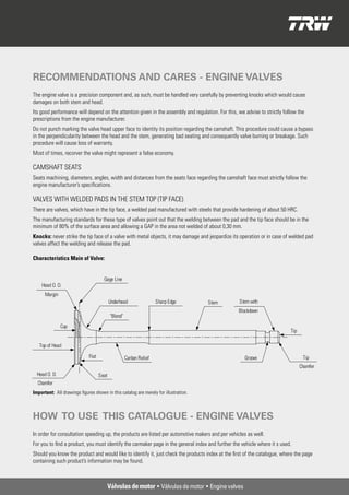 RECOMMENDATIONS AND CARES - ENGINE VALVES
The engine valve is a precision component and, as such, must be handled very carefully by preventing knocks which would cause
damages on both stem and head.
Its good performance will depend on the attention given in the assembly and regulation. For this, we advise to strictly follow the
prescriptions from the engine manufacturer.
Do not punch marking the valve head upper face to identity its position regarding the camshaft. This procedure could cause a bypass
in the perpendicularity between the head and the stem, generating bad seating and consequently valve burning or breakage. Such
procedure will cause loss of warranty.
Most of times, recorver the valve might represent a false economy.

CAMSHAFT SEATS
Seats machining, diameters, angles, width and distances from the seats face regarding the camshaft face must strictly follow the
engine manufacturer’s specifications.

VALVES WITH WELDED PADS IN THE STEM TOP (TIP FACE)
There are valves, which have in the tip face, a welded pad manufactured with steels that provide hardening of about 50 HRC.
The manufacturing standards for these type of valves point out that the welding between the pad and the tip face should be in the
minimum of 80% of the surface area and allowing a GAP in the area not welded of about 0,30 mm.
Knocks: never strike the tip face of a valve with metal objects, it may damage and jeopardize its operation or in case of welded pad
valves affect the welding and release the pad.

Characteristics Main of Valve:


                                      Gage Line
    Head O. D.
      Margin
                                           Underhead                  Sharp Edge     Stem          Stem with
                                                                                                  Blockdown
                                            "Blend"
               Cup
                                                                                                                           Tip

   Top of Head

                             Flat                     Carbon Relief                                  Groove                       Tip
                                                                                                                                 Chamfer
  Head O. D.                        Seat
  Chamfer
Important: All drawings figures shown in this catalog are merely for illustration.



HOW TO USE THIS CATALOGUE - ENGINE VALVES
In order for consultation speeding up, the products are listed per automotive makers and per vehicles as well.
For you to find a product, you must identify the carmaker page in the general index and further the vehicle where it s used.
Should you know the product and would like to identify it, just check the products index at the first of the catalogue, where the page
containing such product’s information may be found.



                                           Válvulas de motor • Válvulas de motor • Engine valves
 