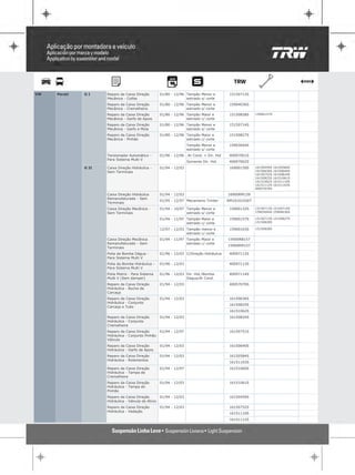 VW   Parati   GI     Reparo da Caixa Direção          01/80 - 12/96 Tampão Menor e          15150713S
                     Mecânica - Coifas                              estriado s/ corte
                     Reparo da Caixa Direção          01/80 - 12/96 Tampão Menor e          15904036S
                     Mecânica - Cremalheira                         estriado s/ corte
                     Reparo da Caixa Direção          01/80 - 12/96 Tampão Maior e          15150828S    15900157S
                     Mecânica - Garfo de Apoio                      estriado c/ corte
                     Reparo da Caixa Direção          01/80 - 12/96 Tampão Menor e          15150714S
                     Mecânica - Garfo e Mola                        estriado s/ corte
                     Reparo da Caixa Direção          01/80 - 12/96 Tampão Maior e          15150827S
                     Mecânica - Pinhão                              estriado c/ corte
                                                                      Tampão Menor e        15903044S
                                                                      estriado s/ corte
                     Tensionador Automático -         01/96 - 12/96 .Ar Cond. + Dir. Hid    40097001S
                     Para Sistema Multi V
                                                                      Somente Dir. Hid.     40097002S
              G II   Caixa Direção Hidráulica -       01/94 - 12/03                         16900159S    16150459S   16150584S
                     Sem Terminais                                                                       16150636S   16150640S
                                                                                                         16150752S   16150824S
                                                                                                         16150825S   16151061S
                                                                                                         16151062S   16151110S
                                                                                                         16151112S   16151163S
                                                                                                         40057070S

                     Caixa Direção Hidráulica         01/94 - 12/03                        16900RM159
                     Remanufaturado - Sem
                                                      01/95 - 12/97 Mecanismo Trinter      RM10101026T
                     Terminais
                     Caixa Direção Mecânica -         01/94 - 10/97 Tampão Menor e          15900132S    15150713S 15150714S
                     Sem Terminais                                  estriado s/ corte                    15903044S 15904036S

                                                      01/94 - 11/97 Tampão Maior e          15900157S    15150713S 15150827S
                                                                    estriado c/ corte                    15150828S

                                                      12/97 - 12/03 Tampão menor e          15900163S    15150828S
                                                                    estriado c/ corte
                     Caixa Direção Mecânica           01/94 - 11/97 Tampão Maior e         15900RB157
                     Remanufaturado - Sem                           estriado c/ corte
                                                                                           15900RM157
                     Terminais
                     Polia da Bomba Dágua -           01/96 - 12/03 C/Direção Hidráulica    40097112S
                     Para Sistema Multi V
                     Polia da Bomba Hidráulica -      01/96 - 12/03                         40097113S
                     Para Sistema Multi V
                     Polia Motriz - Para Sistema      01/96 - 12/03 Dir. Hid./Bomba         40097114S
                     Multi V (Sem damper)                           Dagua/Ar Cond.
                     Reparo da Caixa Direção          01/94 - 12/03                         40057070S
                     Hidráulica - Bucha da
                     Carcaça
                     Reparo da Caixa Direção          01/94 - 12/03                         16150636S
                     Hidráulica - Conjunto
                                                                                            16150825S
                     Carcaça e Tubo
                                                                                            16151062S
                     Reparo da Caixa Direção          01/94 - 12/03                         16150824S
                     Hidráulica - Conjunto
                     Cremalheira
                     Reparo da Caixa Direção          01/94 - 12/97                         16150751S
                     Hidráulica - Conjunto Pinhão
                     Válvula
                     Reparo da Caixa Direção          01/94 - 12/03                         16150640S
                     Hidráulica - Garfo de Apoio
                     Reparo da Caixa Direção          01/94 - 12/03                         16150584S
                     Hidráulica - Rolamentos
                                                                                            16151163S
                     Reparo da Caixa Direção          01/94 - 12/97                         16151060S
                     Hidráulica - Tampa da
                     Cremalheira
                     Reparo da Caixa Direção          01/94 - 12/03                         16151061S
                     Hidráulica - Tampa do
                     Pinhão
                     Reparo da Caixa Direção          01/94 - 12/03                         16150459S
                     Hidráulica - Válvula de Alívio
                     Reparo da Caixa Direção          01/94 - 12/03                         16150752S
                     Hidráulica - Vedação
                                                                                            16151110S
                                                                                            16151112S
 