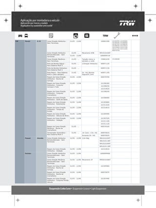 VW   Parati    G IV     Caixa Direção Hidráulica -       01/05 - 12/08                           16900159S    16150459S   16150584S
                        Sem Terminais                                                                         16150636S   16150640S
                                                                                                              16150752S   16150824S
                                                                                                              16150825S   16151061S
                                                                                                              16151062S   16151110S
                                                                                                              16151112S   16151163S
                                                                                                              40057070S

                        Caixa Direção Hidráulica          01/05 - ...    Mecanismo DHB          RM10101028T
                        Remanufaturado - Sem
                                                         01/05 - 12/08                          16900RM159
                        Terminais
                        Caixa Direção Mecânica -          01/05 - ...    Tampão menor e          15900163S    15150828S
                        Sem Terminais                                    estriado c/ corte
                        Polia da Bomba Dágua -            01/05 - ...    C/Direção Hidráulica    40097112S
                        Para Sistema Multi V
                        Polia da Bomba Hidráulica -       01/05 - ...                            40097113S
                        Para Sistema Multi V
                        Polia Motriz - Para Sistema       01/05 - ...    Dir. Hid./Bomba         40097114S
                        Multi V (Sem damper)                             Dagua/Ar Cond.
                        Reparo da Caixa Direção          01/05 - 12/08                           40057070S
                        Hidráulica - Bucha da
                        Carcaça
                        Reparo da Caixa Direção          01/05 - 12/08                           16150636S
                        Hidráulica - Conjunto
                                                                                                 16150825S
                        Carcaça e Tubo
                                                                                                 16151062S
                        Reparo da Caixa Direção          01/05 - 12/08                           16150824S
                        Hidráulica - Conjunto
                        Cremalheira
                        Reparo da Caixa Direção          01/05 - 12/08                           16150640S
                        Hidráulica - Garfo de Apoio
                        Reparo da Caixa Direção          01/05 - 12/08                           16150584S
                        Hidráulica - Rolamentos
                                                                                                 16151163S
                        Reparo da Caixa Direção          01/05 - 12/08                           16151061S
                        Hidráulica - Tampa do
                        Pinhão
                        Reparo da Caixa Direção          01/05 - 12/08                           16150459S
                        Hidráulica - Válvula de Alívio
                        Reparo da Caixa Direção          01/05 - 12/08                           16150752S
                        Hidráulica - Vedação
                                                                                                 16151110S
                                                                                                 16151112S
                        Reparo da Caixa Direção           01/05 - ...                            40057016S
                        Mecânica - Bucha da
                        Cremalheira
                        Tensionador Automático -          01/05 - ...    .Ar Cond. + Dir. Hid    40097001S
                        Para Sistema Multi V
                                                                         Somente Dir. Hid.       40097002S
     Passat    Alemão   Caixa Direção Hidráulica         01/95 - 12/98 C/Air Bag                RB10101049T
                        Remanufaturado - Sem
                                                                                                RB10101138T
                        Terminais
                                                                                                RM10101049T
                                                                                                RM10101138T
                        Reparo da Caixa Direção          01/95 - 12/98                           16151091S
                        Hidráulica - Vedação
     Pointer            Caixa Direção Hidráulica         01/93 - 12/96                          16900RM066
                        Remanufaturado - Sem
                        Terminais
                        Caixa Direção Mecânica           01/93 - 12/96 Mecanismo ZF             RM20101006T
                        Remanufaturado - Sem
                        Terminais
                        Reparo da Caixa Direção          01/93 - 12/96                           16150596S
                        Hidráulica - Bucha da
                        Carcaça
                        Reparo da Caixa Direção          01/93 - 12/96                           40057047S
                        Hidráulica - Bucha da
                        Cremalheira
                        Reparo da Caixa Direção          01/93 - 12/96                           16150749S
                        Hidráulica - Conjunto Pinhão
                        Válvula
 