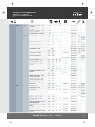 VW   Kombi   Carat     Reparo do Freio a Disco - Parcial     01/97 - ...    !   1                     RRFD01790
                       (Pino Guia)
                       Reparo do Freio a Disco - Parcial     01/97 - ...    !   1                     RRFD01800
                       (Vedação)
                       Reparo do Servo Freio - Parcial       01/97 - ...                              RCVA00687
                       (Válvula de Retenção)
                       Válvula Reguladora de Pressão         01/97 - ...                              RCVA00760
                                                                                                                          RRCR56912
             Clipper   Cilindro de Roda                     01/66 - 12/74   "   1                     RCCR22957   22,22
                                                                                                                          RPPS70114
                                                            01/75 - 12/80   "   1                     RCCR27851   23,81
                                                                                                                          RRCR57080

                                                                                                                          RPPS70114
                                                            01/81 - 12/96   "   1                     RCCR00767   23,81
                                                                                                                          RRCR00674

                                                                                                                          RRCR56440
                       Cilindro de Roda - Inferior          01/66 - 12/81   !   !                     RCCR22981    25,4
                                                                                                                          RRCR56440
                                                                                "                     RCCR22991    25,4
                                                                                                                          RRCR56440
                       Cilindro de Roda- Superior           01/66 - 12/81   !   !                     RCCR22965    25,4
                                                                                                                          RRCR56440
                                                                                "                     RCCR22973    25,4

                       Cilindro Mestre - Duplo               ... - 12/82                              RCCD00543   20,64   RCRS23708
                                                                                                                          RRCD00450

                                                            01/83 - 12/96                             RCCD00500   23,81   RRCD00401

                       Cilindro Mestre - Simples            01/57 - 12/74             1200/1500       RCCM22946   22,22   RRCM50741

                                                            01/75 - 12/81                             RCCM27778   23,81
                       Conjunto Mestre e Servo              01/83 - 12/96                             RCMS00459           RCCD00500
                                                                                                                          RCSF00689

                                                                                    Haste Regulável   RCSF00689    180    RCVA00687

                                                                                                                          RCCR00767
                       Kit Cilindro de Roda - DOT 3         01/81 - 12/96   "   1                     RKCR00330
                                                                                                                          RCCR00767
                       Kit Cilindro de Roda - DOT 4         01/81 - 12/96   "   1                     RKCR00770

                       Reparo do Cilindro de Roda -         01/66 - 12/74   "   1        1500         RRCR56912
                       Completo
                                                            01/66 - 12/81   !   1                     RRCR56440

                                                            01/75 - 12/80   "   1                     RRCR57080

                                                            01/81 - 12/96   "   1                     RRCR00674

                       Reparo do Cilindro Mestre Duplo -     ... - 12/82                              RRCD00450
                       Completo
                                                            01/57 - 12/74             1200/1500       RRCM50741
                                                            01/83 - 12/96                             RRCD00401
                       Reparo do Servo Freio - Parcial      01/83 - 12/96                             RCVA00687
                       (Válvula de Retenção)
                       Reparo do Servo Freio - Parcial      01/87 - 12/96                             SRVA59138
                       (Válvula de Retenção) branca
                       Reparo do Servo Freio - Parcial      01/87 - 12/96                             RRVA00128
                       (Válvula de Retenção) preta
                       Servo Freio                          01/87 - 12/96             Haste Fixa      RCSF00565    230    RRVA00128
                                                                                                                          SRVA59138

                                                                                                                          RRCR57870
     Logus             Cilindro de Roda                     01/93 - 12/97   "   1                     RCCR01283   19,05

                       Cilindro Mestre - Duplo              01/93 - 12/97                             RCCD28170    23,8   RRRS00046

                                                                                                                          RRMO00410
                       Freio a Tambor                       01/93 - 12/97   "   !     CL/GL/GLS       RCFT00221    203
                                                                                                                          RRRG00170
                                                                                                                          RRSA00682

                                                                                                                          RRMO00410
                                                                                "     CL/GL/GLS       RCFT00231    203
                                                                                                                          RRRG00189
                                                                                                                          RRSA00682

                                                                                                                          RCCR01283
                       Kit Cilindro de Roda - DOT 3         01/96 - 12/97   "   1                     RKCR00080   19,05
                                                                                                                          RCCR01283
                       Kit Cilindro de Roda - DOT 4         01/96 - 12/96   "   1                     RKCR00520

                       Reparo do Cilindro de Roda -         01/93 - 12/97   "   1     CL/GL/GLS       RRCR57870
                       Completo
                       Reparo do Cilindro Mestre Duplo -    01/93 - 12/97                             RRRS00046
                       Parcial (Reservatório)
                       Reparo do Freio a Tambor - Parcial   01/93 - 12/97   "   1     CL/GL/GLS       RRMO00410
                       (Molas)
                       Reparo do Freio a Tambor - Parcial   01/93 - 12/97   "   !     CL/GL/GLS       RRRG00170
                       (Regulador Automático)
                                                                                "     CL/GL/GLS       RRRG00189

                       Reparo do Freio a Tambor - Parcial   01/93 - 12/97   "   1     CL/GL/GLS       RRSA00682
                       (Sapatas)



                                                                                                                             44
 