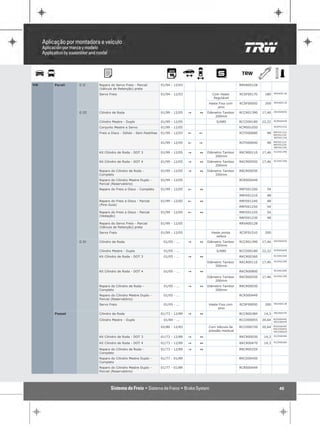 VW   Parati   G II    Reparo do Servo Freio - Parcial          01/94 - 12/03                              RRVA00128
                      (Válvula de Retenção) preta
                      Servo Freio                              01/94 - 12/03             Com Haste        RCSF00170    180    RRVA00136

                                                                                          Regulável
                                                                                       Haste Fixa com     RCSF00050    200    RRVA00128

                                                                                            pino
                                                                                                                              RRCR00030
              G III   Cilindro de Roda                         01/99 - 12/05   "   1   Diâmetro Tambor    RCCR01390   17,46
                                                                                           200mm
                      Cilindro Mestre - Duplo                  01/99 - 12/05                S/ABS         RCCD00180   22,22   RCRS00449

                      Conjunto Mestre e Servo                  01/99 - 12/05                              RCMS01050           RCSF01510

                                                                                                                              RRFD01210
                      Freio a Disco - Sólido - Sem Pastilhas   01/99 - 12/03   !   !                      RCFD00680     48
                                                                                                                              RRFD01230
                                                                                                                              RRFD01240

                                                                                                                              RRFD01210
                                                               01/99 - 12/05   !   "                      RCFD00690     48
                                                                                                                              RRFD01230
                                                                                                                              RRFD01240

                                                                                                                              RCCR01390
                      Kit Cilindro de Roda - DOT 3             01/99 - 12/05   "   1   Diâmetro Tambor    RKCR00110   17,46
                                                                                           200mm
                                                                                                                              RCCR01390
                      Kit Cilindro de Roda - DOT 4             01/99 - 12/05   "   1   Diâmetro Tambor    RKCR00550   17,46
                                                                                           200mm
                      Reparo do Cilindro de Roda -             01/99 - 12/05   "   1   Diâmetro Tambor    RRCR00030
                      Completo                                                             200mm
                      Reparo do Cilindro Mestre Duplo -        01/99 - 12/05                              RCRS00449
                      Parcial (Reservatório)
                      Reparo do Freio a Disco - Completo       01/99 - 12/05   !   1                      RRFD01200     54

                                                                                                          RRFD01210     48
                      Reparo do Freio a Disco - Parcial        01/99 - 12/05   !   1                      RRFD01240     48
                      (Pino Guia)
                                                                                                          RRFD01250     54
                      Reparo do Freio a Disco - Parcial        01/99 - 12/05   !   1                      RRFD01220     54
                      (Vedação)
                                                                                                          RRFD01230     48
                      Reparo do Servo Freio - Parcial          01/99 - 12/05                              RRVA00128
                      (Válvula de Retenção) preta
                      Servo Freio                              01/99 - 12/05             Haste ponta      RCSF01510    200
                                                                                            esfera
                                                                                                                              RRCR00030
              G IV    Cilindro de Roda                          01/05 - ...    "   1   Diâmetro Tambor    RCCR01390   17,46
                                                                                           200mm
                      Cilindro Mestre - Duplo                   01/05 - ...                 S/ABS         RCCD00180   22,22   RCRS00449

                                                                                                                              RCCR03300
                      Kit Cilindro de Roda - DOT 3              01/05 - ...    "   1                      RKCR00360
                                                                                       Diâmetro Tambor    RKCR00110   17,46   RCCR01390

                                                                                           200mm
                                                                                                                              RCCR03300
                      Kit Cilindro de Roda - DOT 4              01/05 - ...    "   1                      RKCR00800
                                                                                       Diâmetro Tambor    RKCR00550   17,46   RCCR01390

                                                                                           200mm
                      Reparo do Cilindro de Roda -              01/05 - ...    "   1   Diâmetro Tambor    RRCR00030
                      Completo                                                             200mm
                      Reparo do Cilindro Mestre Duplo -         01/05 - ...                               RCRS00449
                      Parcial (Reservatório)
                      Servo Freio                               01/05 - ...            Haste Fixa com     RCSF00050    200    RRVA00128

                                                                                            pino
                                                                                                                              RRCR00259
     Passat           Cilindro de Roda                         01/73 - 12/89   "   1                      RCCR00384    14,3

                      Cilindro Mestre - Duplo                   01/84 - ...                               RCCD00055   20,64   RCRS00449
                                                                                                                              RRCD00450

                                                               02/80 - 12/83           Com Válvula de     RCCD00720   20,64   RCRS00449
                                                                                                                              RRCD00450
                                                                                       pressão residual                       RRCD00620

                                                                                                                              RCCR00384
                      Kit Cilindro de Roda - DOT 3             01/73 - 12/89   "   1                      RKCR00030    14,3
                                                                                                                              RCCR00384
                      Kit Cilindro de Roda - DOT 4             01/73 - 12/89   "   1                      RKCR00470    14,3

                      Reparo do Cilindro de Roda -             01/73 - 12/89   "   1                      RRCR00259
                      Completo
                      Reparo do Cilindro Mestre Duplo -        01/77 - 01/89                              RRCD00450
                      Completo
                      Reparo do Cilindro Mestre Duplo -        01/77 - 01/89                              RCRS00449
                      Parcial (Reservatório)




                                                                                                                                 46
 