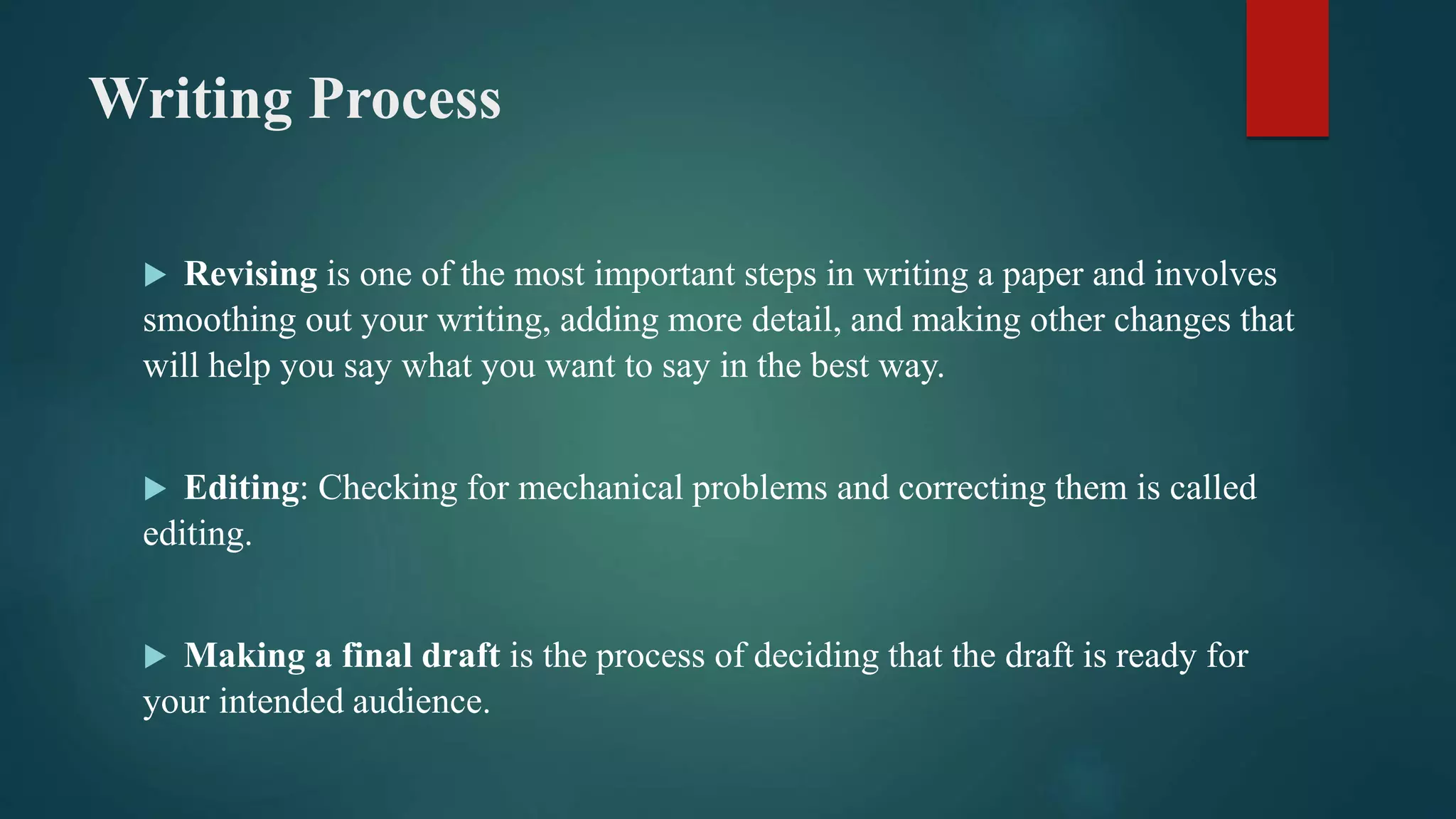 Writing Process
 Revising is one of the most important steps in writing a paper and involves
smoothing out your writing, adding more detail, and making other changes that
will help you say what you want to say in the best way.
 Editing: Checking for mechanical problems and correcting them is called
editing.
 Making a final draft is the process of deciding that the draft is ready for
your intended audience.
 