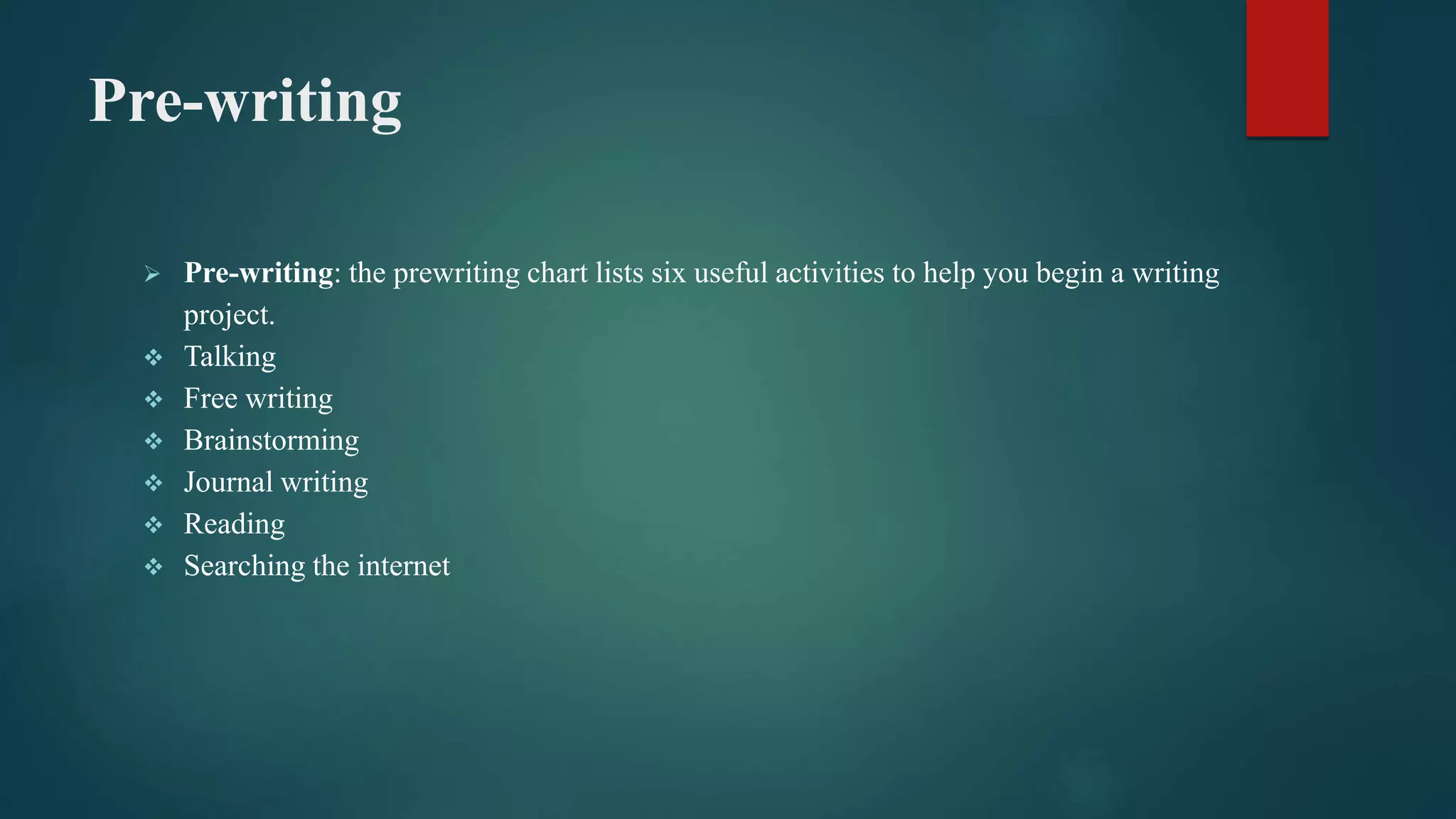 Pre-writing
 Pre-writing: the prewriting chart lists six useful activities to help you begin a writing
project.
 Talking
 Free writing
 Brainstorming
 Journal writing
 Reading
 Searching the internet
 