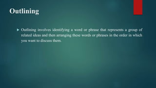 Outlining
 Outlining involves identifying a word or phrase that represents a group of
related ideas and then arranging these words or phrases in the order in which
you want to discuss them.
 