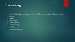 Pre-writing
 Pre-writing: the prewriting chart lists six useful activities to help you begin a writing
project.
 Talking
 Free writing
 Brainstorming
 Journal writing
 Reading
 Searching the internet
 