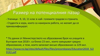 Размер на потенциалния пазар
- Ученици - 9, 10, 11 клас в най- големите градове в страната.
- Студенти и хора, които са намерили работа, но желаят да се
преквалифицират.
* По данни от Министерството на образование броя на учащите в
България към 2018 г. са близо 23 хил., които завършват средно
образование, а тези, които записват висше образование са 229 хил.
https://www.nsi.bg/sites/default/files/files/pressreleases/Education2018_SJ2
91X2.pdf
 