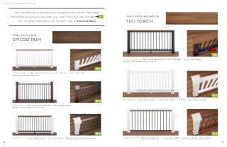 20 21
Here’s what really lights up
TIKI TORCH
C O O R D I N A T E I T Rails: Charcoal Black with Tiki Torch cocktail rail | Posts: Charcoal Black
Balusters: Charcoal Black square aluminum
TT-1
C O N T R A S T I T Rails: Classic White | Posts: Classic White | Balusters: Classic White composite
TT-2
C H A N G E I T U P Rails: Bronze aluminum | Posts: Classic White | Balusters: Bronze square aluminum
TT-3
C H A N G E I T U P Rails: Vintage Lantern | Posts: Classic White | Balusters: Charcoal Black round aluminum
C O O R D I N A T E I T Rails: Classic White with Spiced Rum cocktail rail | Posts: Classic White
Balusters: Classic White composite
SR-1
SR-3
These mix well with
SPICED RUM
SR-2
C O N T R A S T I T Rails: Charcoal Black aluminum | Posts: Vintage Lantern
Balusters: Charcoal Black square aluminum
We coordinated, contrasted and changed up our entire Transcend 	
You can get a full product list for each look at trex.com/duos
SR-1tropical decking lineup. See a duo you love? Note the look number       
S T E P 4 C H O O S E Y O U R R A I L I N G
 