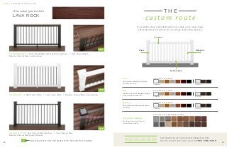 24 25
Bottom Rail
Top Rail
BalustersPosts
If you prefer a truly customized look for your deck, we’ve made it easy
with an abundance of options for color, shape and building materials.
T H E
c u s t o m r o u t e
Get inspired by all our decking  railing duos with
the Trex Color Guide. Order yours at TREX.COM/SHOP
TREX COLOR GUIDE
Cocktail Rail (Optional)
Deck board on universal top rail
to create a flat surface
AVAILABLE IN ALL TREX DECKING COLORS
Posts
Vertical poles that can be outfitted
with caps and skirts
Rails
Top and bottom rails designed to keep
railing straight and beautiful
Balusters
Vertical balusters that maintain space
and safety
This is what gets hot with
LAVA ROCK
C O O R D I N A T E I T Rails: Charcoal Black with Lava Rock cocktail rail | Posts: Charcoal Black
Balusters: Charcoal Black round aluminum
C O N T R A S T I T Rails: Classic White | Posts: Classic White | Balusters: Charcoal Black round aluminum
C H A N G E I T U P Rails: Charcoal Black aluminum | Posts: Charcoal Black
Balusters: Charcoal Black square aluminum
LR-1
LR-2
LR-3
AVAILABLE IN ALL COLORS
AluminumComposite
AVAILABLE IN ALL COLORS
AluminumComposite
AVAILABLE IN ALL COLORS
AluminumComposite
See a look you love? Get a full product list for the look at trex.com/duosLR-1
S T E P 4 C H O O S E Y O U R R A I L I N G
25
 