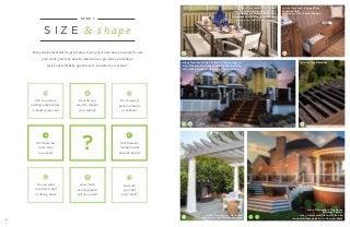 4
decking: Transcend in Island Mist
railing: Transcend in Classic White with
Island Mist cocktail rail and square
aluminum balusters in Charcoal Black
also featuring: Trex Outdoor Furniture
decking: Transcend in Island Mist
also featuring: Trex Outdoor Furniture
decking: Transcend in Tree House
& Vintage Lantern
railing: Transcend in Classic White with
round aluminum balusters in Charcoal Black
decking: Transcend in Spiced Rum & Vintage Lantern
railing: Transcend in Vintage Lantern & Classic White
with round aluminum balusters in Charcoal Black
featuring: Trex Elevations
2 8
7
3
4 5
1
6Every deck starts with a great plan. Once you know how you want to use
your deck, you’ll be able to determine a good size and shape.
Ask yourself these questions to see where you stand.
S I Z E & s h a p e
How will
you light
your deck?
How do you
want to design
your railing?
Will there be
more than
one level?
Will you use an
existing substructure
or build a new one?
How much
seating space
will you need?
Do you want
room for a grill
or dining area?
Will there be
multiple exits
and entrances?
Do you want
built-in storage
or seating?
?
1
4
876
5
2 3
S T E P 1
decking: Transcend in Spiced Rum
& Havana Gold
also featuring: Trex Outdoor Storage
 