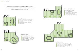 6 7
S T E P 1 S I Z E & S H A P E
When planning your outdoor space, it’s important to make sure your deck
has exactly that—space. Check out these popular deck designs, and get more ideas
on trex.com/plans to find the right deck for you.
» Offers room for outdoor eating and grilling
» Works well with smaller homes, rooftops
or side yards
» Standard shape makes for a versatile,
multi-use space
Rectangle Deck
» Allows for large sitting area
or several smaller spaces
» Works well with smaller to mid-sized
homes of contemporary design
» Rounded corners open the view and
decor possibilities
Beveled Edge Deck
» Features great space for entertaining guests
» Works well with large homes and open backyards
» Easily divided into separate spaces for lounging,
dining, grilling and more
L-shaped Deck
» Provides distinct spaces so you
can get the most from your deck
» Works well with smaller to mid-sized
homes with gardens or extended views
» Multi-side add-on makes for a cozy
sitting or dining area
Overlook Deck
 