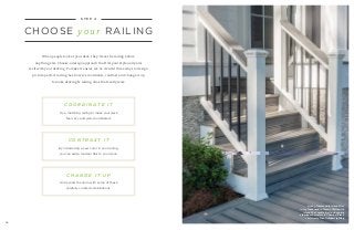 16
C O N T R A S T I T
By introducing a new color in your railing,
you can add a modern flair to your deck.
C H A N G E I T U P
Go beyond the norm with some of these
carefully curated combinations.
C O O R D I N A T E I T
Try a matching railing to make your deck
feel cozy and well-coordinated.
S T E P 4
When people look at your deck, they’ll see the railing before
anything else. Choose a design approach that fits your style and pairs
well with your decking. To make it easier, we’ve created three ways to design
picture-perfect railing. See how we coordinate, contrast and change it up
to make decking  railing duos that really wow.
decking: Transcend in Island Mist
railing: Transcend in Classic White with
Island Mist cocktail rail and square
aluminum balusters in Charcoal Black
also featuring: Trex Outdoor Lighting
CHOOSE y o u r RAILING
 