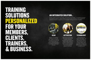 4
Whether you’re looking to
diversify your circuits with
TRX, or build out an extensive
Functional Training Zone, TRX
has the highest quality gear,
anchoring, and storage solutions
customizable for any member
and space.
At TRX, we believe that functional training - both literally and figuratively - is a progressive movement.
This progression demands a cohesive platform of innovative gear; activation by way of professional
education and dynamic programming; and cutting-edge technology to link them all together.
TRX will set you up for success
with top-notch education and
diversified programming,
designed to attract, inspire, and
motivate members. We’ll also
provide you with the marketing
tools you need to successfully
launch and promote TRX
programs in your facility.
In the past decade, the
world has gone digital - and
fitness is at the forefront of
this transformation. TRX can
help you leverage this shift
in consumer fitness to better
engage with you members and
stand-out from your competitors
in a whole new way.
TRAINING
SOLUTIONS
PERSONALIZED
FORYOUR
MEMBERS,
CLIENTS,
TRAINERS,
&BUSINESS.
4
AN INTEGRATED SOLUTION...
GEAR ACTIVATION TECHNOLOGY
 