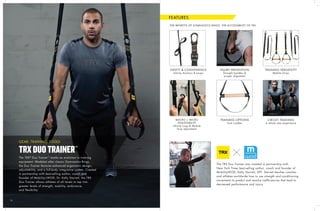 16
The TRX®
Duo Trainer™
marks an evolution in training
equipment. Modeled after classic Gymnastics Rings,
the Duo Trainer features enhanced ergonomic design,
adjustability, and a full-body integrative system. Created
in partnership with best-selling author, coach and
founder of Mobility|WOD, Dr. Kelly Starrett, the TRX
Duo Trainer allows athletes of all levels to tap into
greater levels of strength, mobility, endurance,
and flexibility.
TRXDUOTRAINER™
GEAR: TRAINING TOOLS
SAFETY & CONVENIENCE
Infinity Anchors & Loops
TRAINING VERSATILITY
Mobile Grips
INJURY PREVENTION
Straight handles &
proper alignment
MACRO + MICRO
ADJUSTABILITY
Infinity Loop & Mobile
Grip adjustment
CIRCUIT TRAINING
A whole new experience
TRAINING OPTIONS
Foot cradles
THE BENEFITS OF GYMNASTICS RINGS, THE ACCESSIBILITY OF TRX
The TRX Duo Trainer was created in partnership with
New York Times best-selling author, coach and founder of
MobilityWOD, Kelly Starrett, DPT. Starrett teaches coaches
and athletes worldwide how to use strength and conditioning
movements to predict and resolve inefficiencies that lead to
decreased performance and injury.
16
FEATURES
 