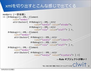 xmlを切り出すとこんな感じで出てくる
 members (一部省略)
 => [#<Nokogiri::XML::Element
         name="member"
         attributes=[ #<Nokogiri::XML::Attr
                           name="handle" value="wtnabe">,
                       #<Nokogiri::XML::Attr
                           name="role" value="staff"> ] >,
     #<Nokogiri::XML::Element
          name="member"
          attributes=[ #<Nokogiri::XML::Attr
                           name="handle" value="libero">,
                        #<Nokogiri::XML::Attr
                           name="role" value="staff"> ] >,
     #<Nokogiri::XML::Element
          name="member"
          attributes=[ #<Nokogiri::XML::Attr
                           name="handle" value="kiyohara"> ] >]
                                             ←Role オブジェクトが無い！

                                「安心・安全・安定・信頼」できるインターネットサービスを      9
13年3月31日日曜日
 