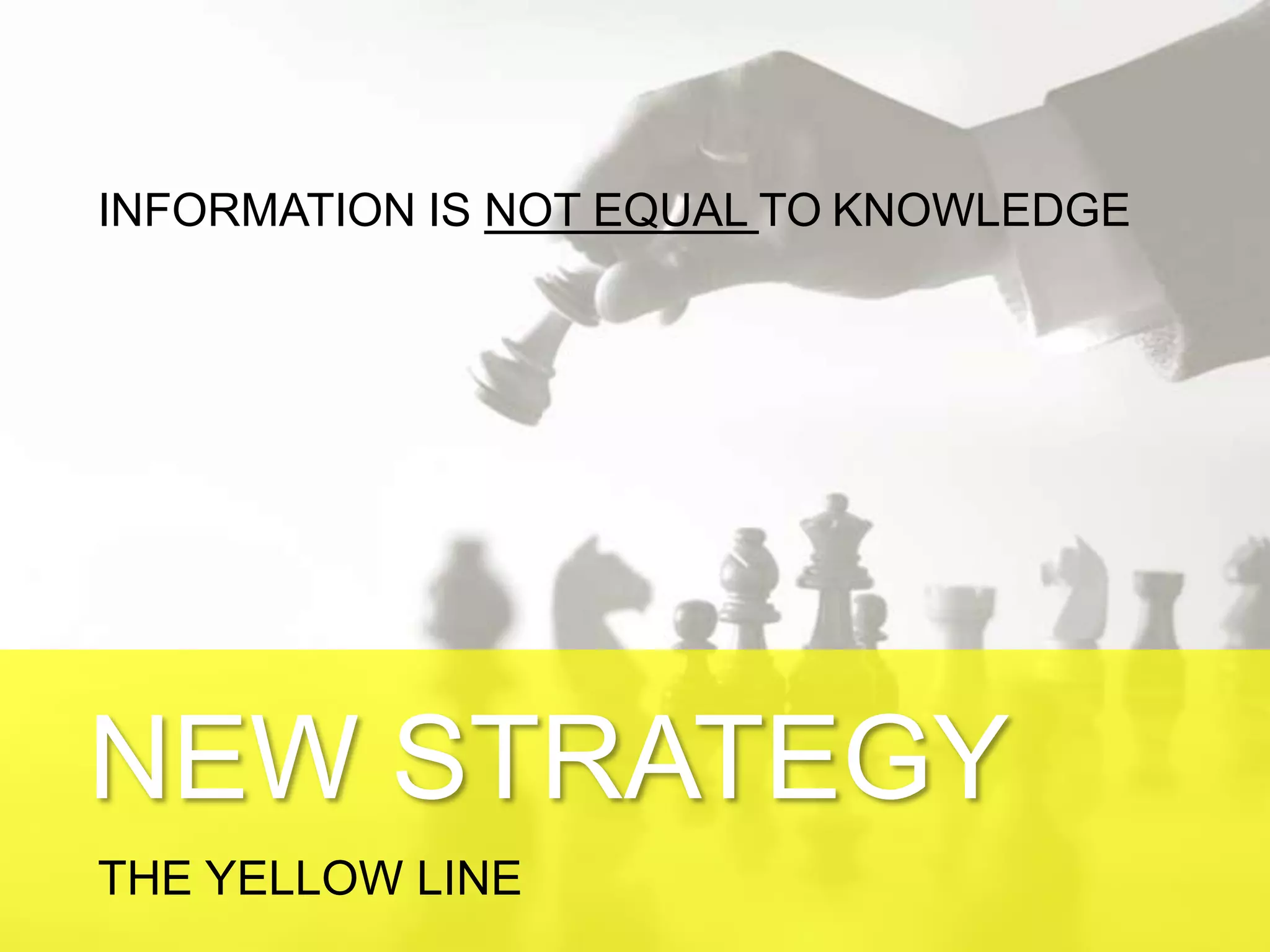 A NEW STRATEGY
THE YELLOW LINE
INFORMATION IS NOT EQUAL TO  KNOWLEDGE
FROM PURPOSE TO MEANS TO AN END
 