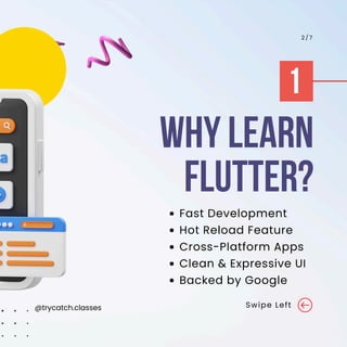 Fast Development
Hot Reload Feature
Cross-Platform Apps
Clean & Expressive UI
Backed by Google
WHY LEARN
FLUTTER?
1
Swipe Left
2 / 7
@trycatch.classes
 